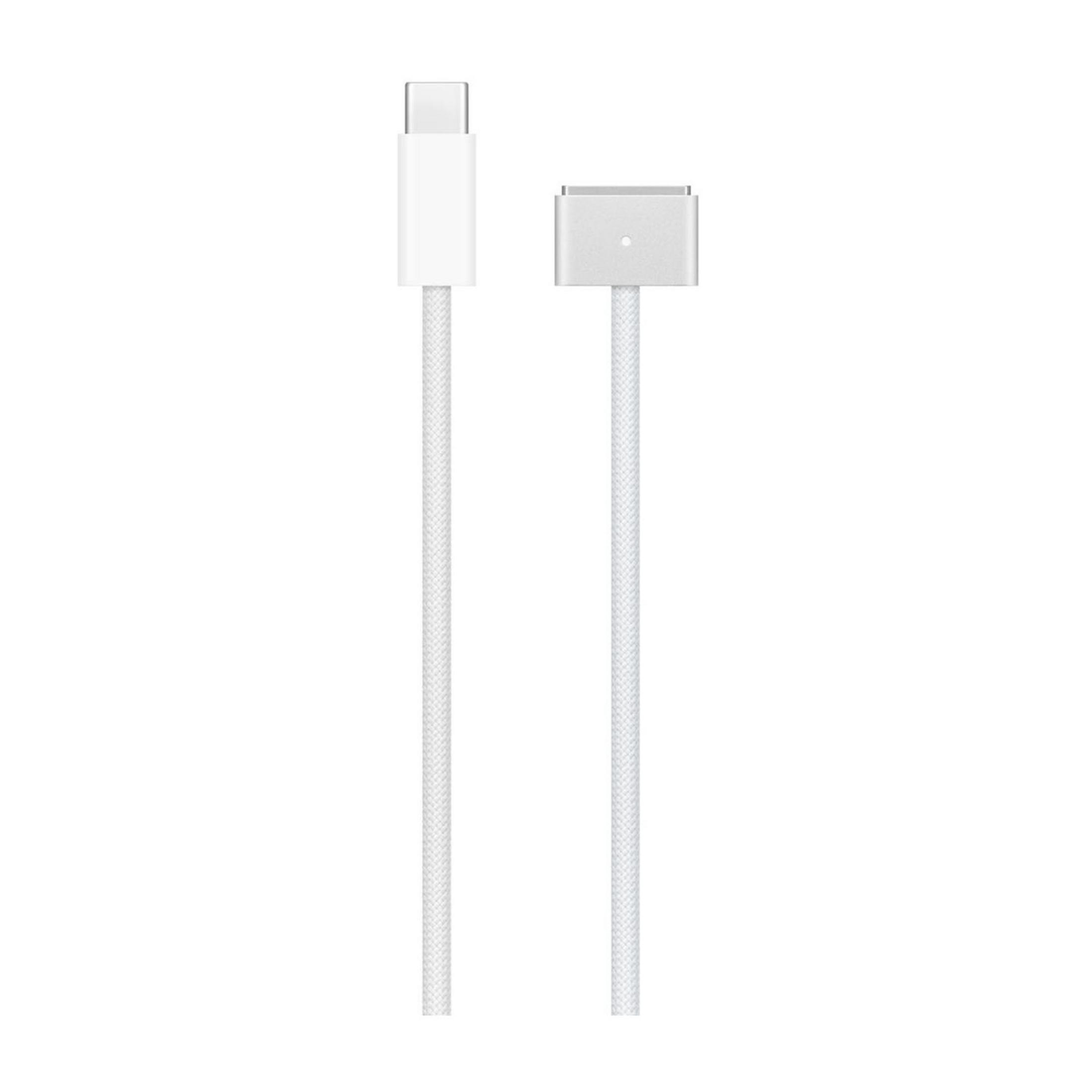 Un câble USB-C blanc à côté d'un câble de chargement MagSafe sur fond blanc.