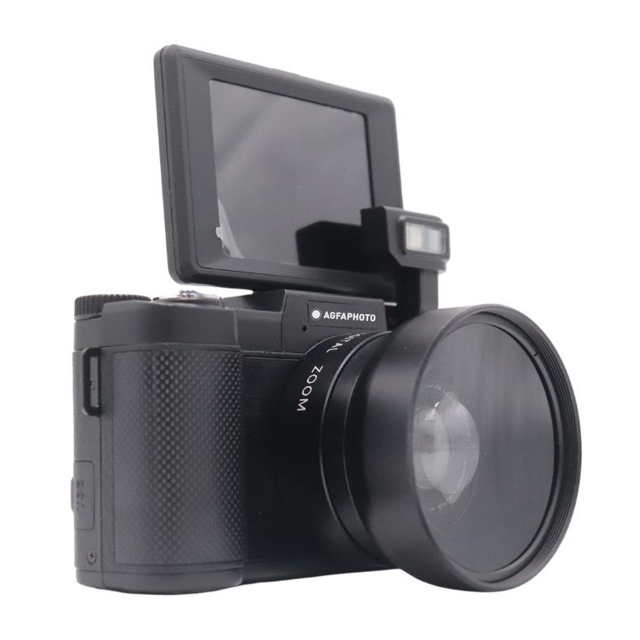 Czarny aparat cyfrowy z odchylanym ekranem i lampą błyskową.
