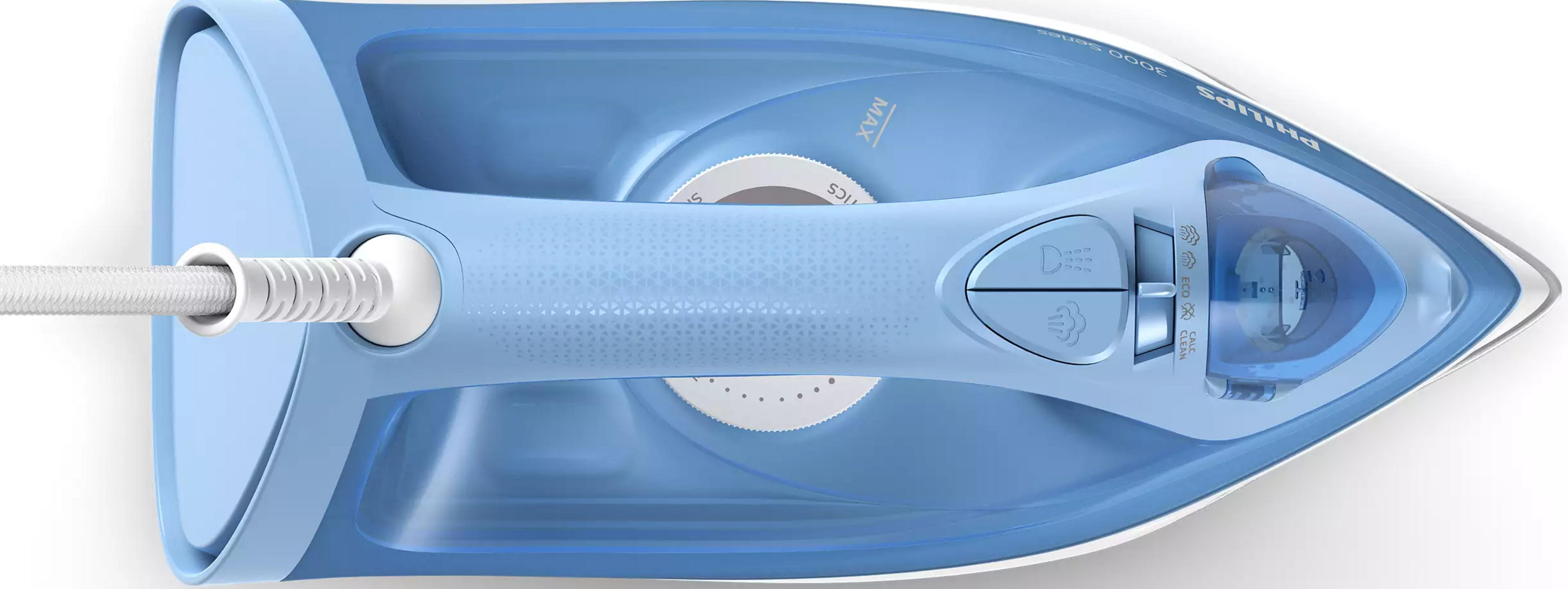 Draufsicht auf ein hellblaues Philips 3000 Series Bügeleisen mit einem weißen Kabel, das hinten herausragt.