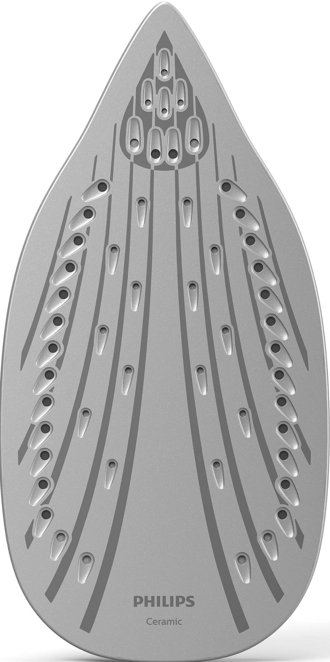 Silberne Bügeleisensohle mit Dampflöchern und Philips Ceramic Schriftzug.