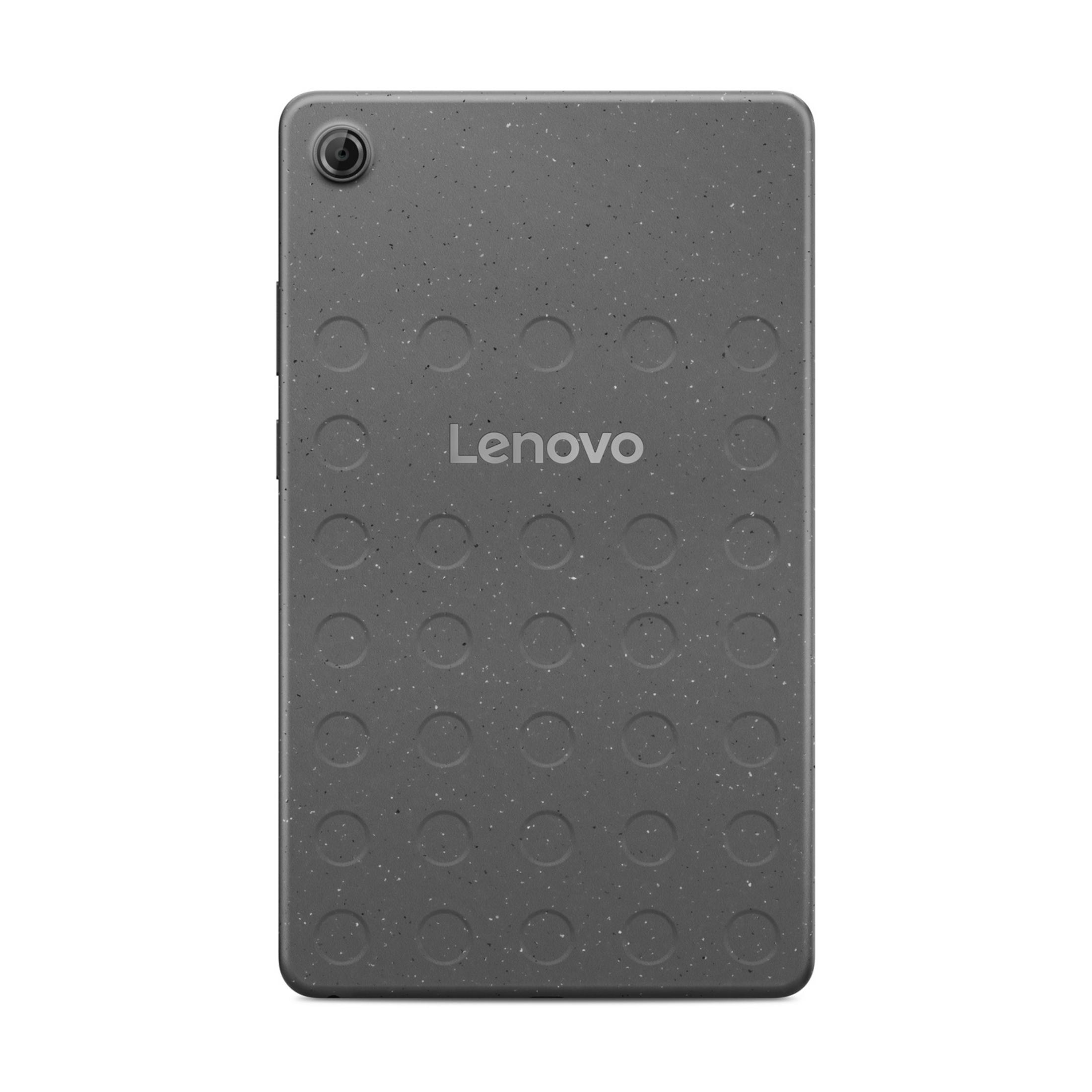 Szary tablet Lenovo z nakrapianym tyłem i aparatem w lewym górnym rogu.
