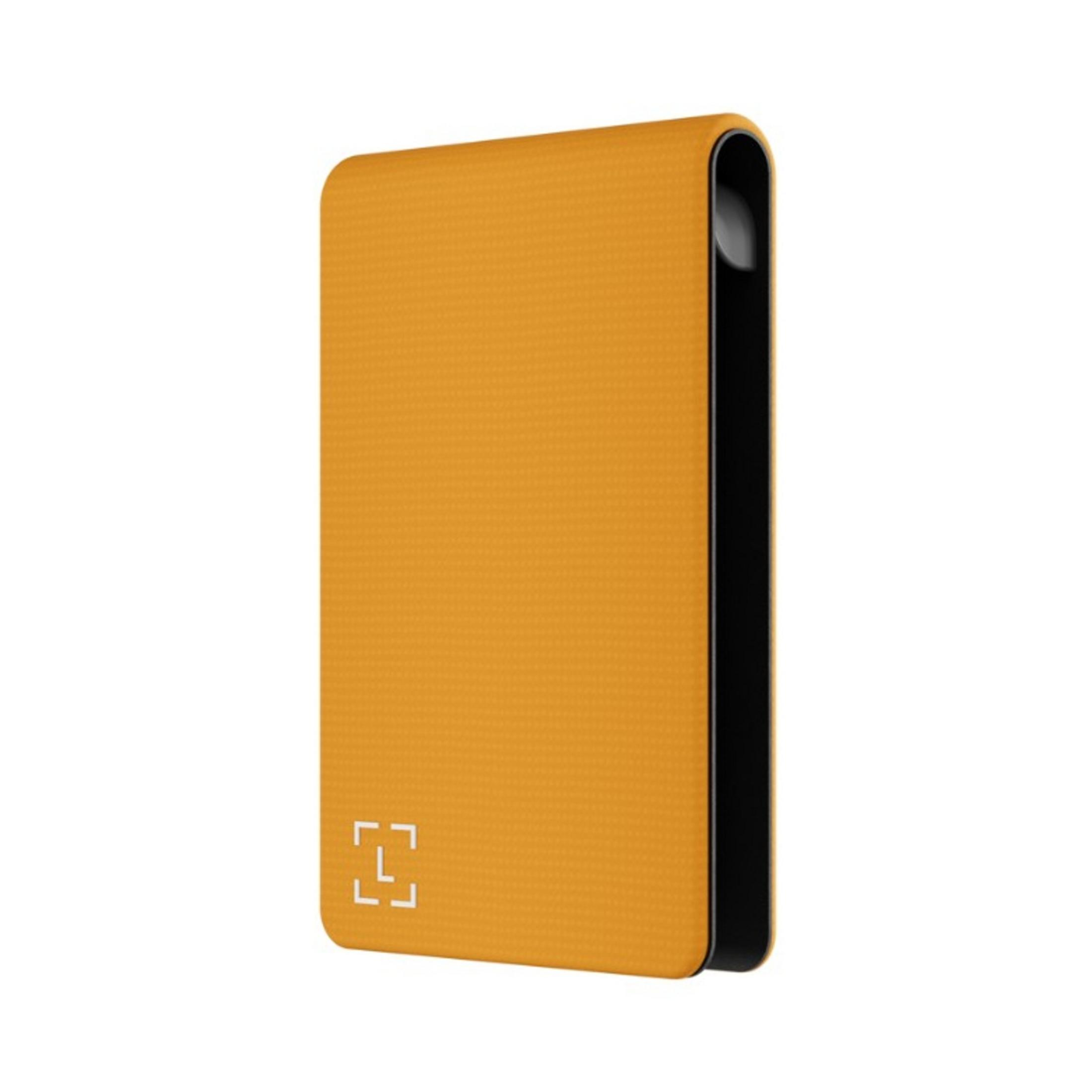 Ein orangefarbenes externes Festplattengehäuse mit einem weißen Logo.