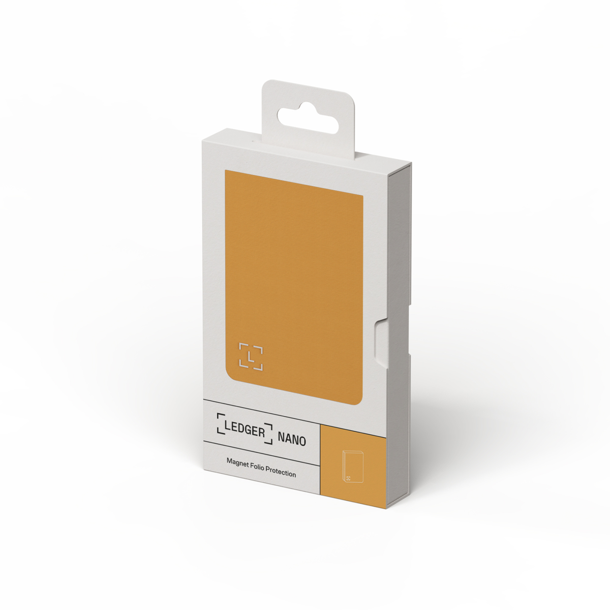 Verpackung für Ledger Nano mit orangefarbener Vorderseite und Aufhänger.