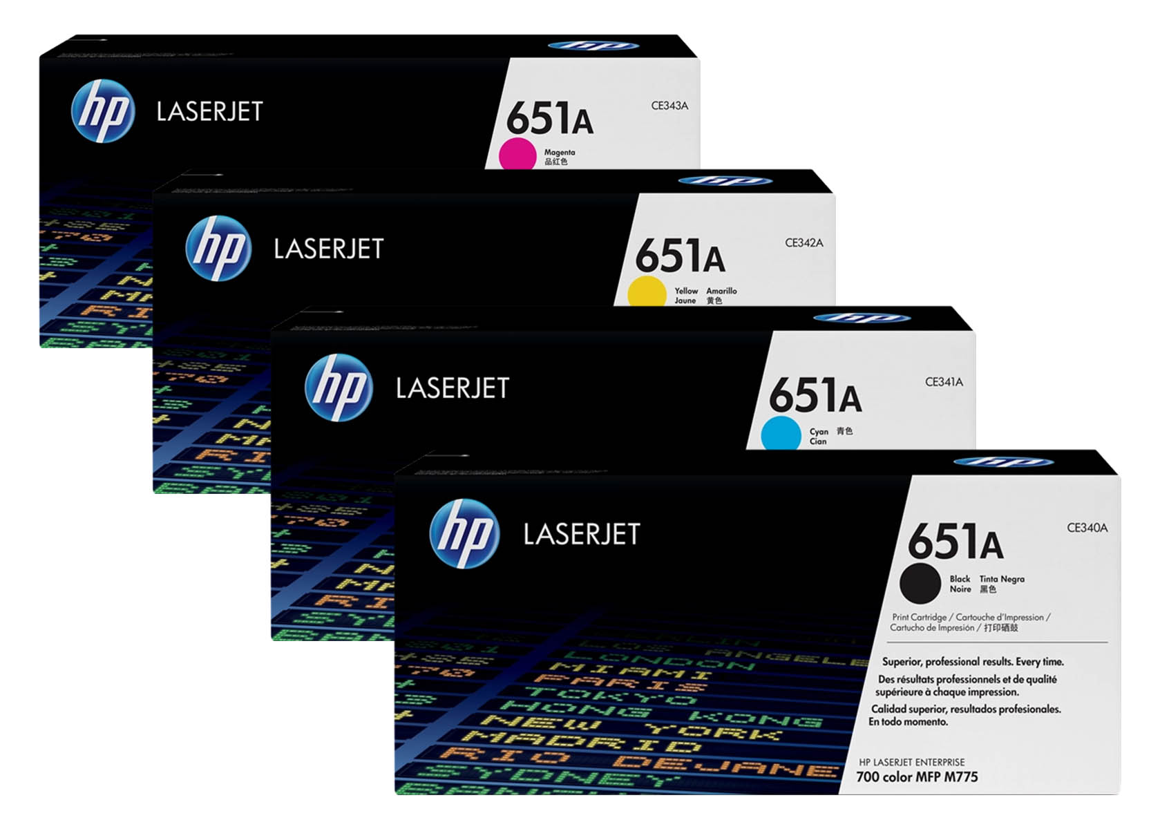 Vier HP LaserJet 651A Toner in Magenta, Gelb, Cyan und Schwarz.