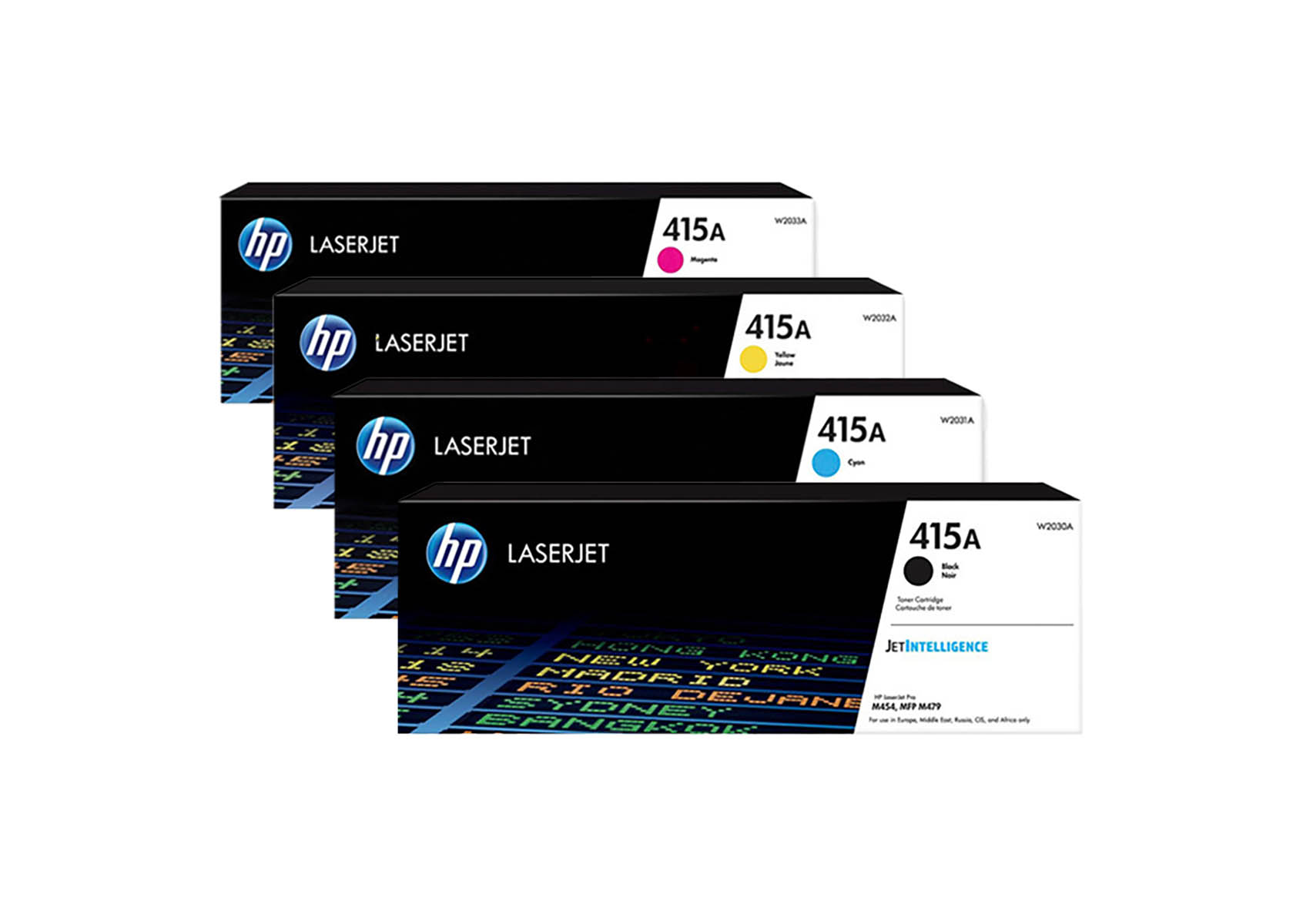 Vier HP LaserJet 415A Tonerkartuschen: Magenta, Gelb, Cyan und Schwarz.