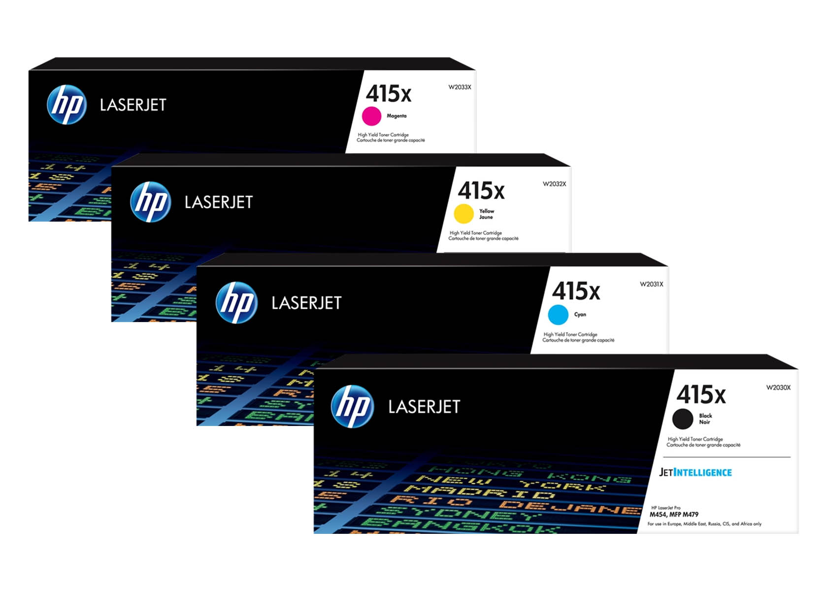 Vier HP LaserJet 415x Tonerkartuschen: Magenta, Gelb, Cyan und Schwarz.
