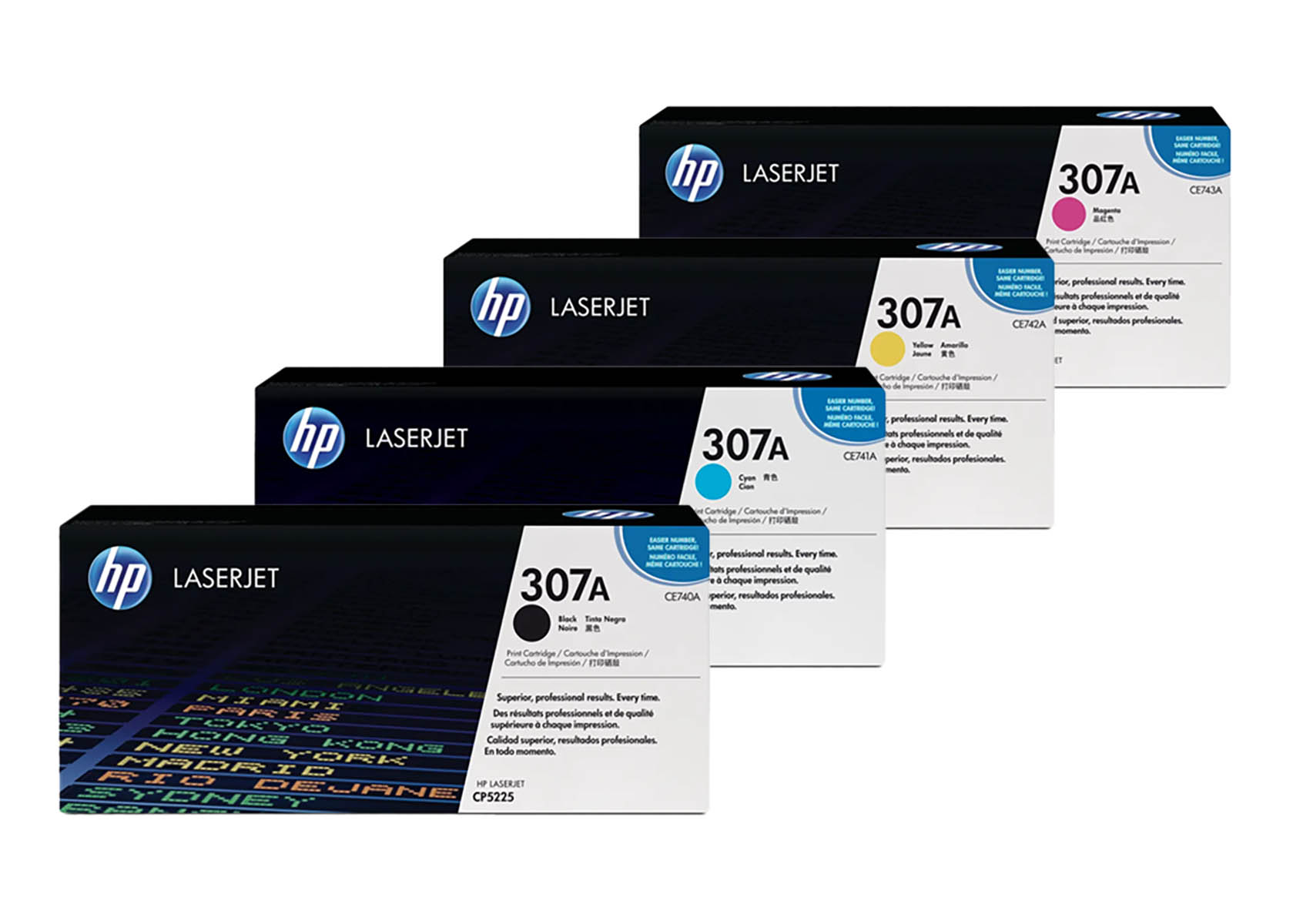 Vier HP LaserJet 307A Tonerkartuschen in Magenta, Gelb, Cyan und Schwarz.