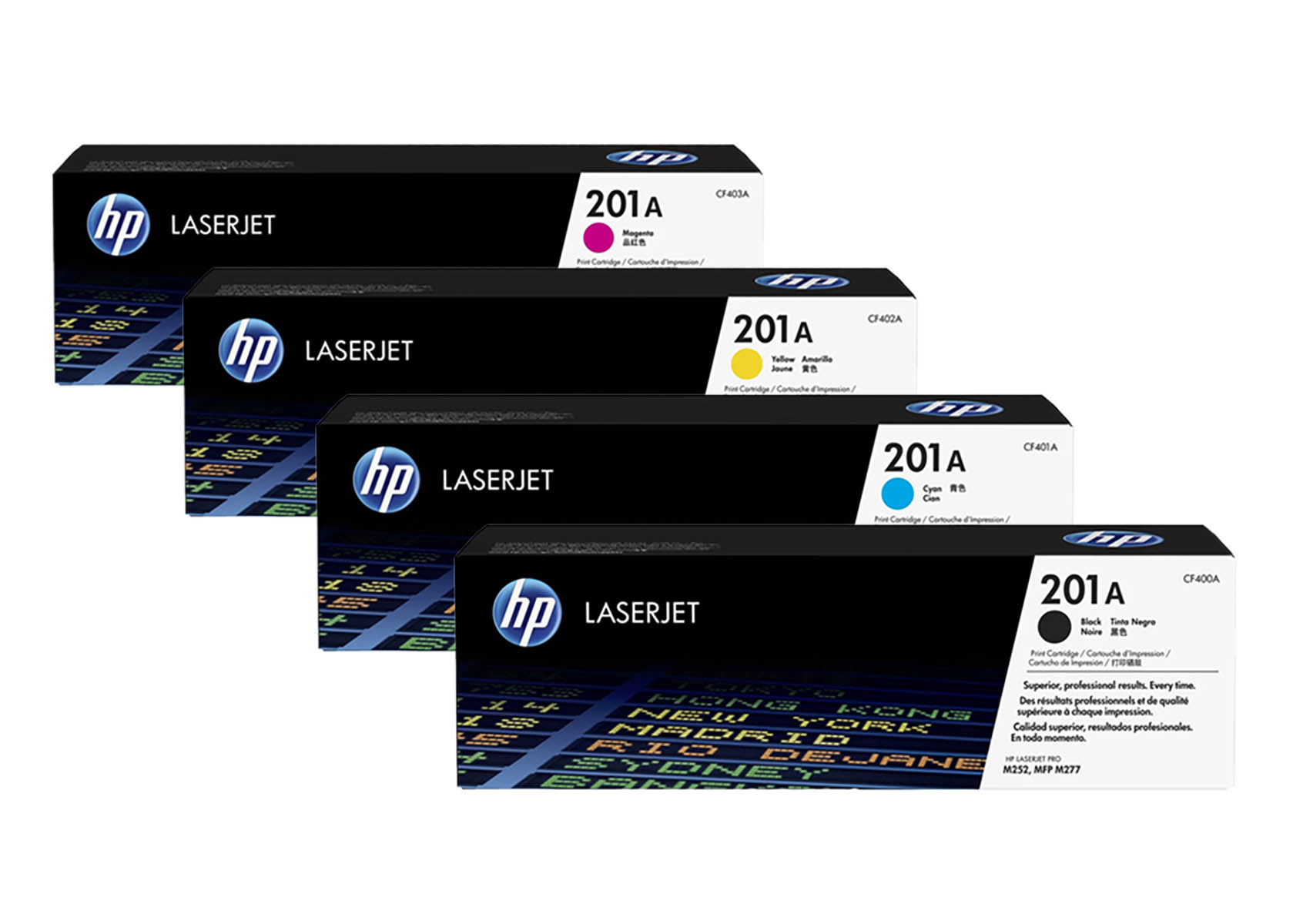 Vier HP LaserJet 201A Tonerkartuschen: Magenta, Gelb, Cyan und Schwarz.