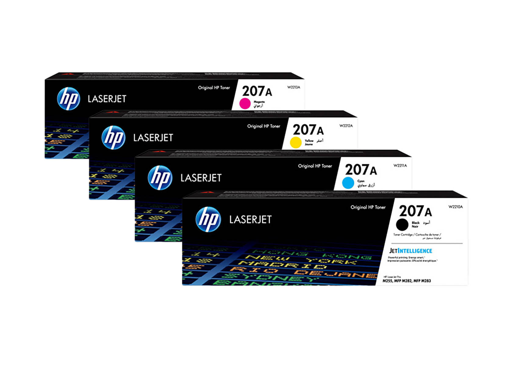 Vier HP 207A Tonerkartuschen: Magenta, Gelb, Cyan und Schwarz.