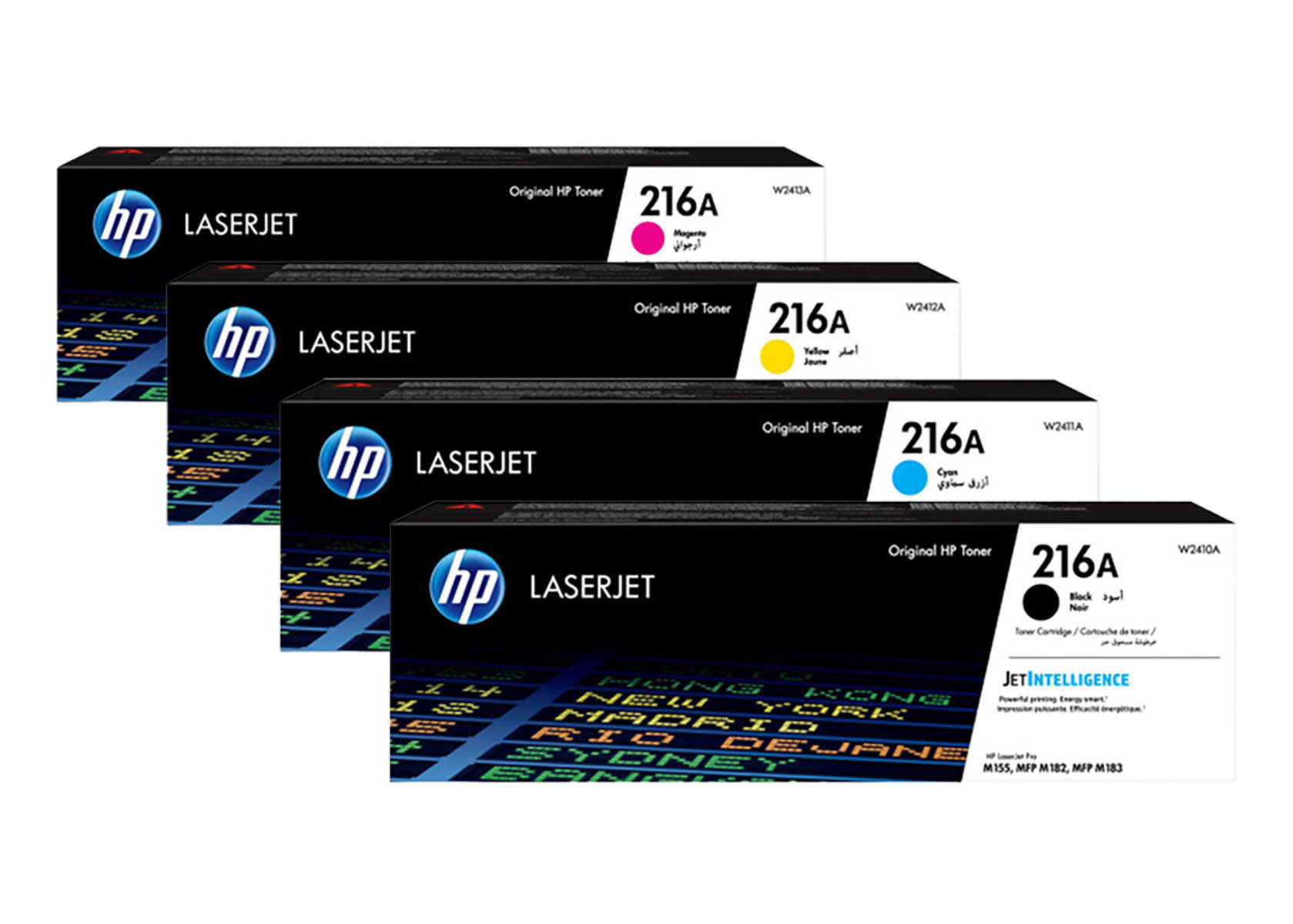Vier HP LaserJet 216A Tonerkartuschen in Magenta, Gelb, Cyan und Schwarz.