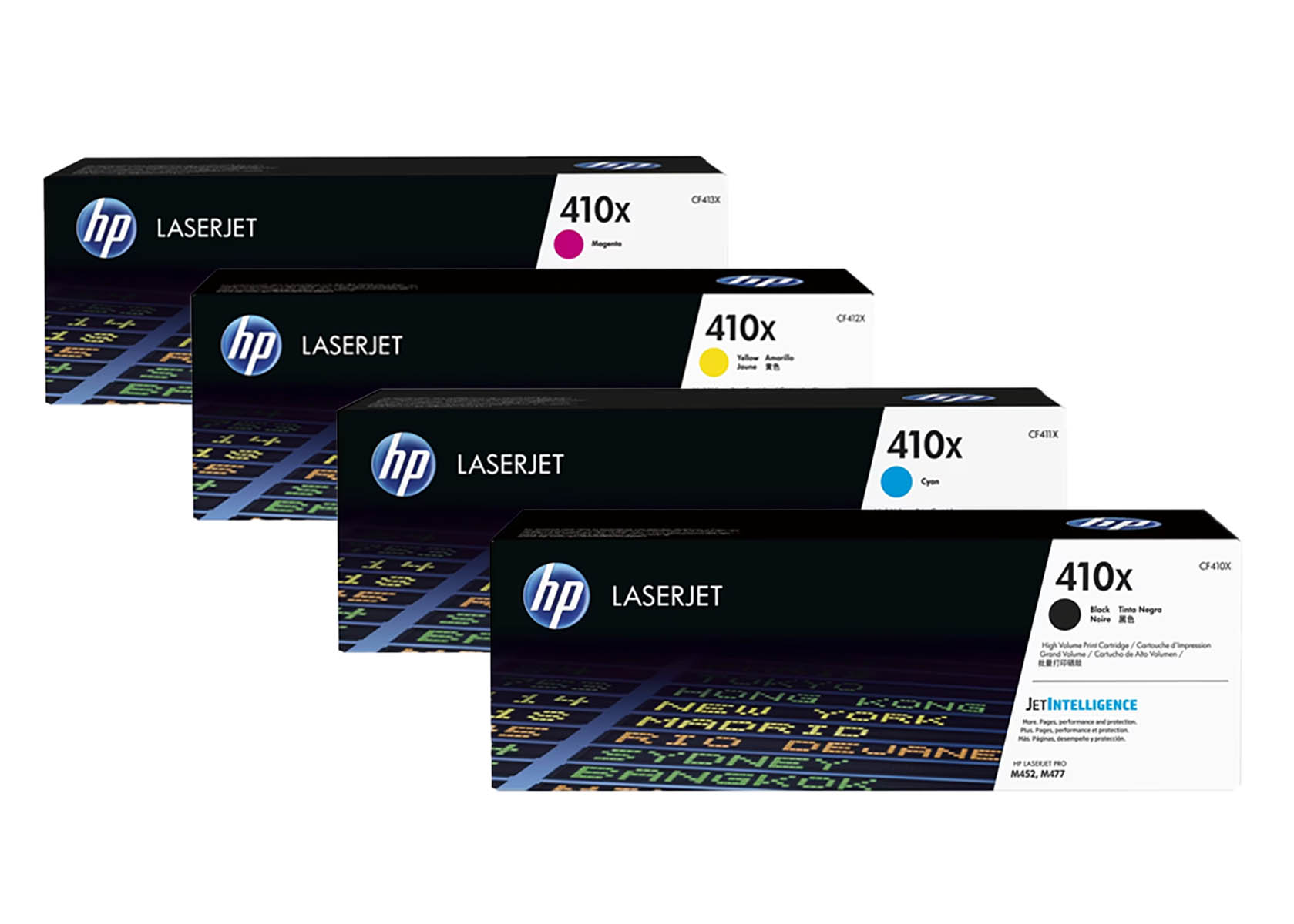 Vier HP LaserJet 410x Tonerpatronen in Magenta, Gelb, Cyan und Schwarz.