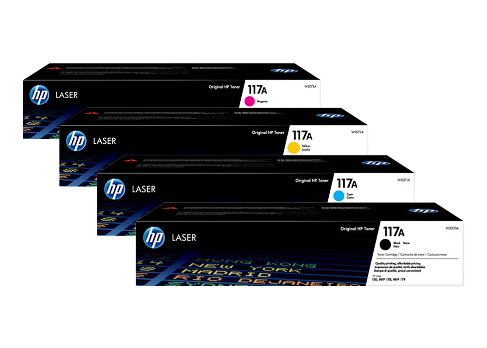 Vier HP Laser Toner 117A-Kartuschen in Magenta, Gelb, Cyan und Schwarz.
