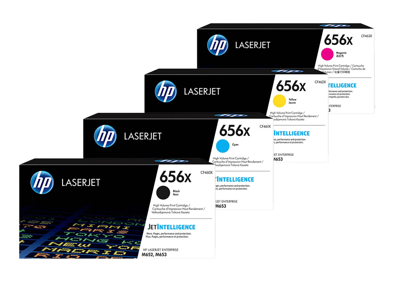 Vier HP LaserJet 656x Druckerpatronen in Magenta, Gelb, Cyan und Schwarz.