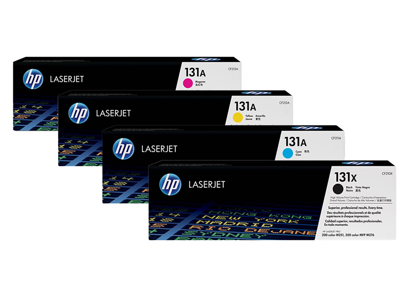 Vier HP LaserJet-Druckerpatronen: Magenta, Gelb, Cyan und Schwarz.