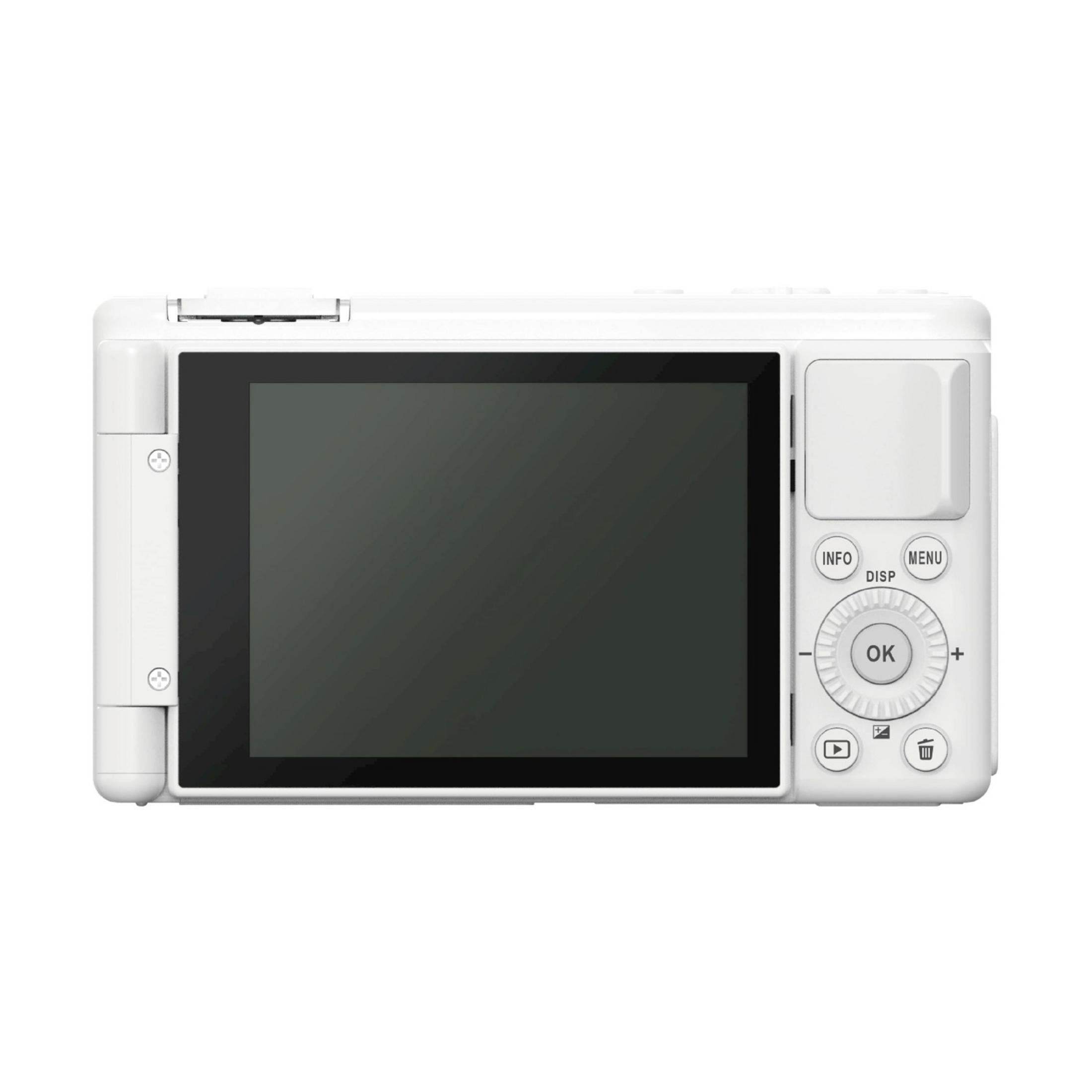 Cámara digital blanca con pantalla y controles en el lado derecho.