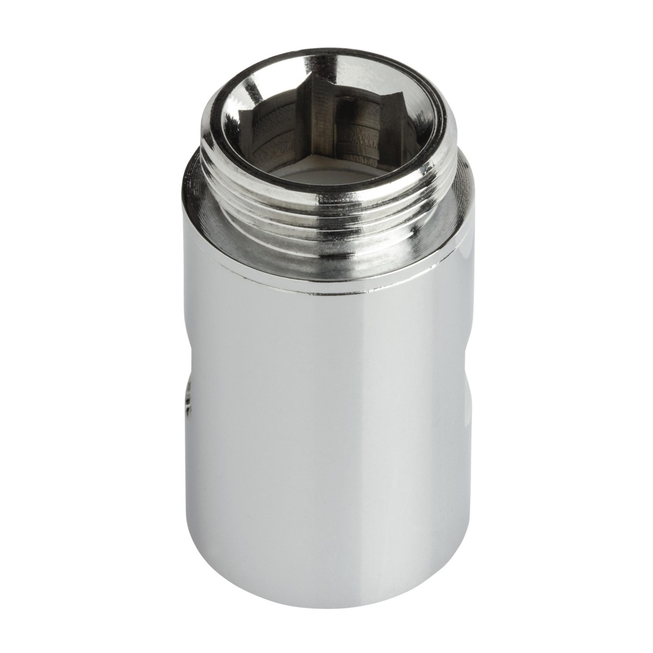 Un raccordo metallico lucido con filettatura e un'apertura interna esagonale.