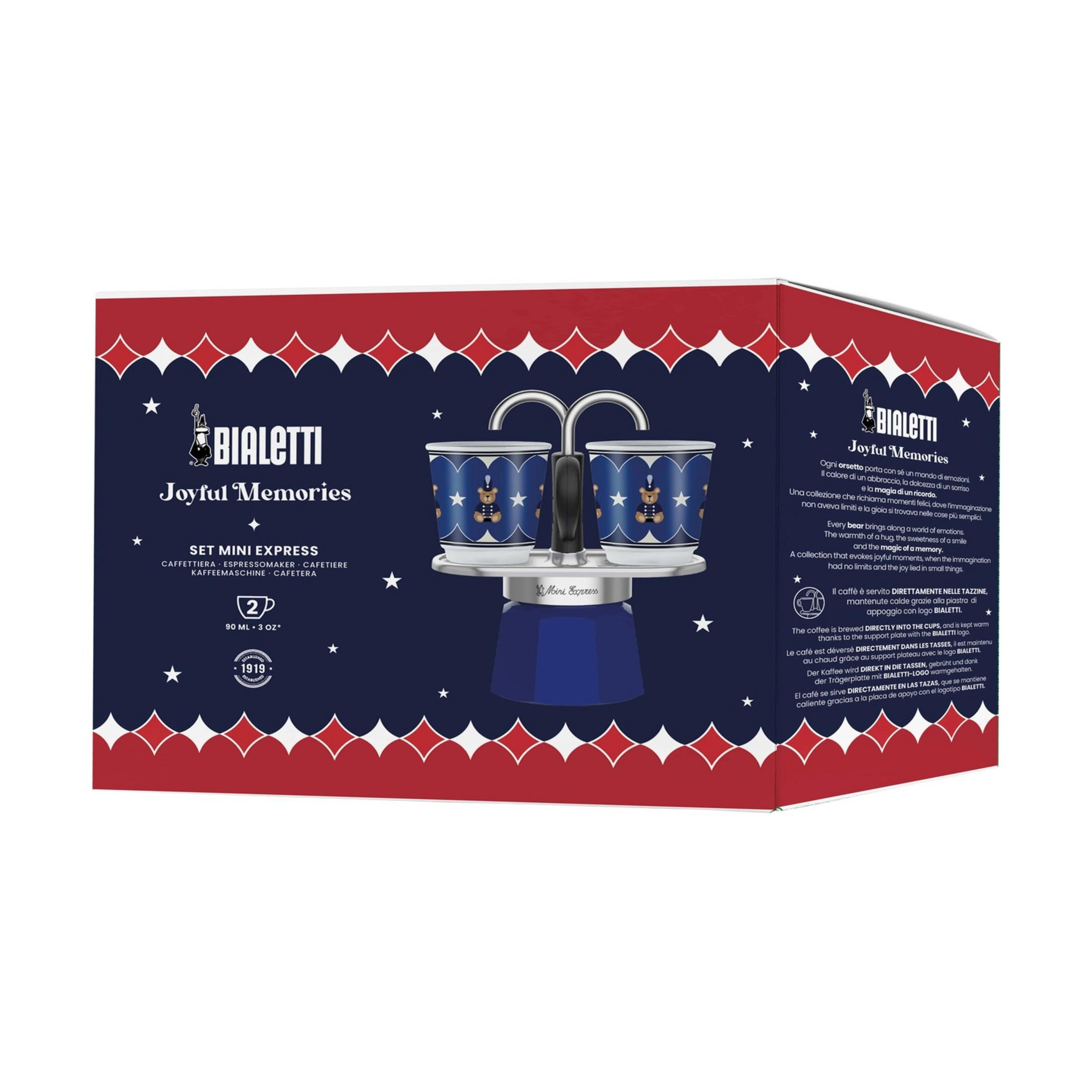 Moka Bialetti Joyful Memories con due tazzine. Blu con motivo orsetto.