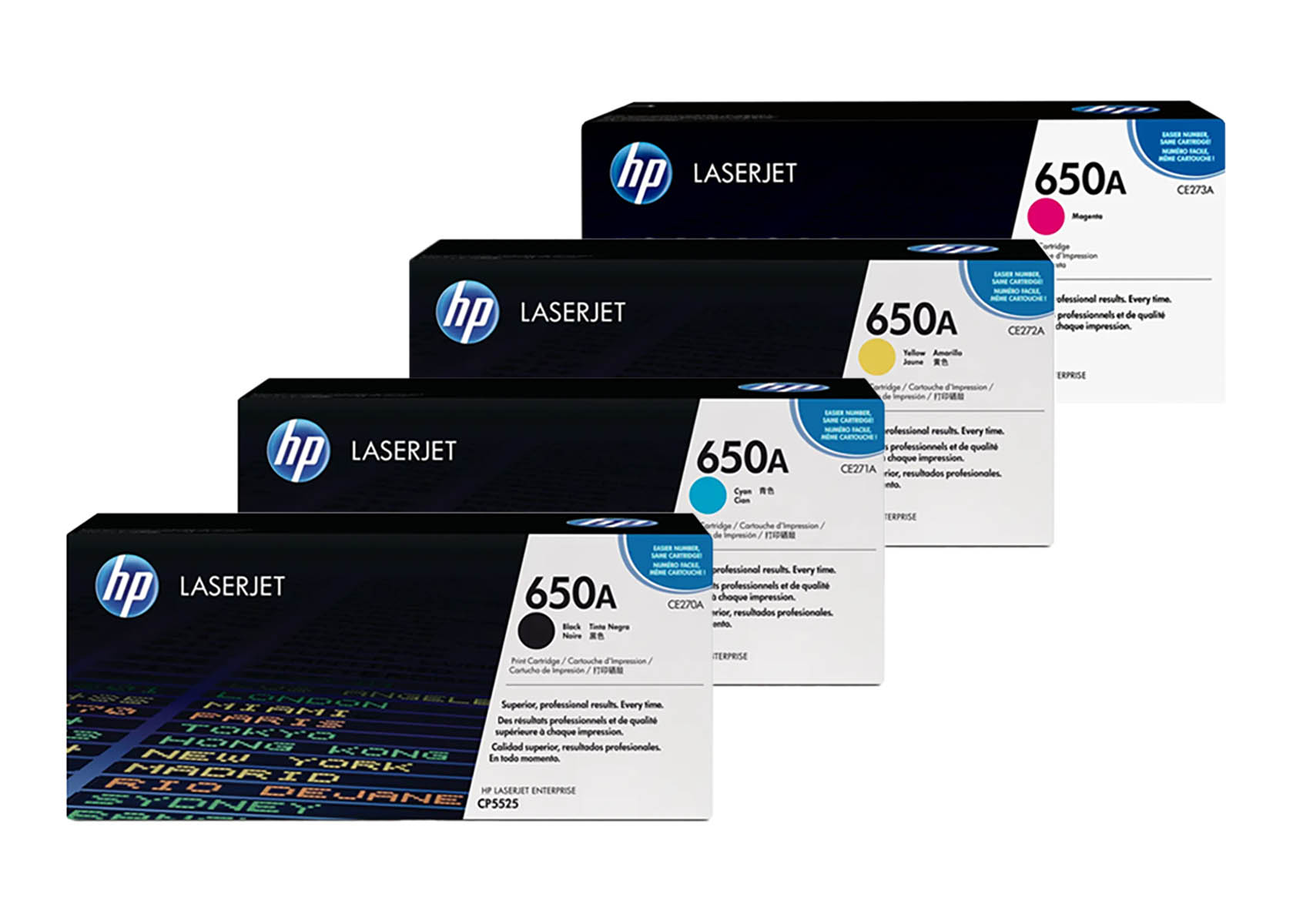 Vier HP LaserJet 650A Toner-Kartuschen in Schwarz, Magenta, Gelb und Cyan.