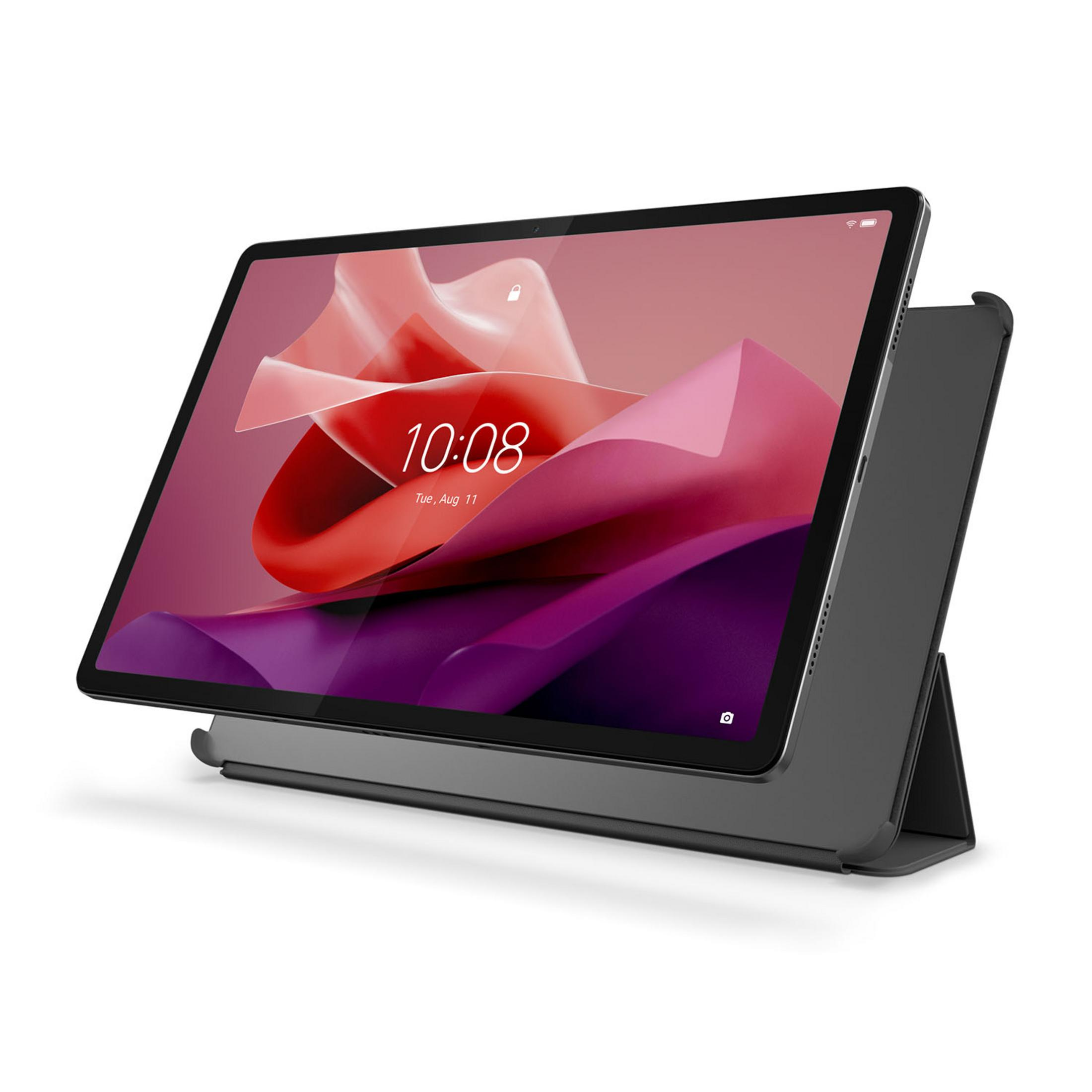 Ein schwarzes Tablet mit einer Hülle, das auf einem Ständer steht. Der Bildschirm zeigt 10:08.