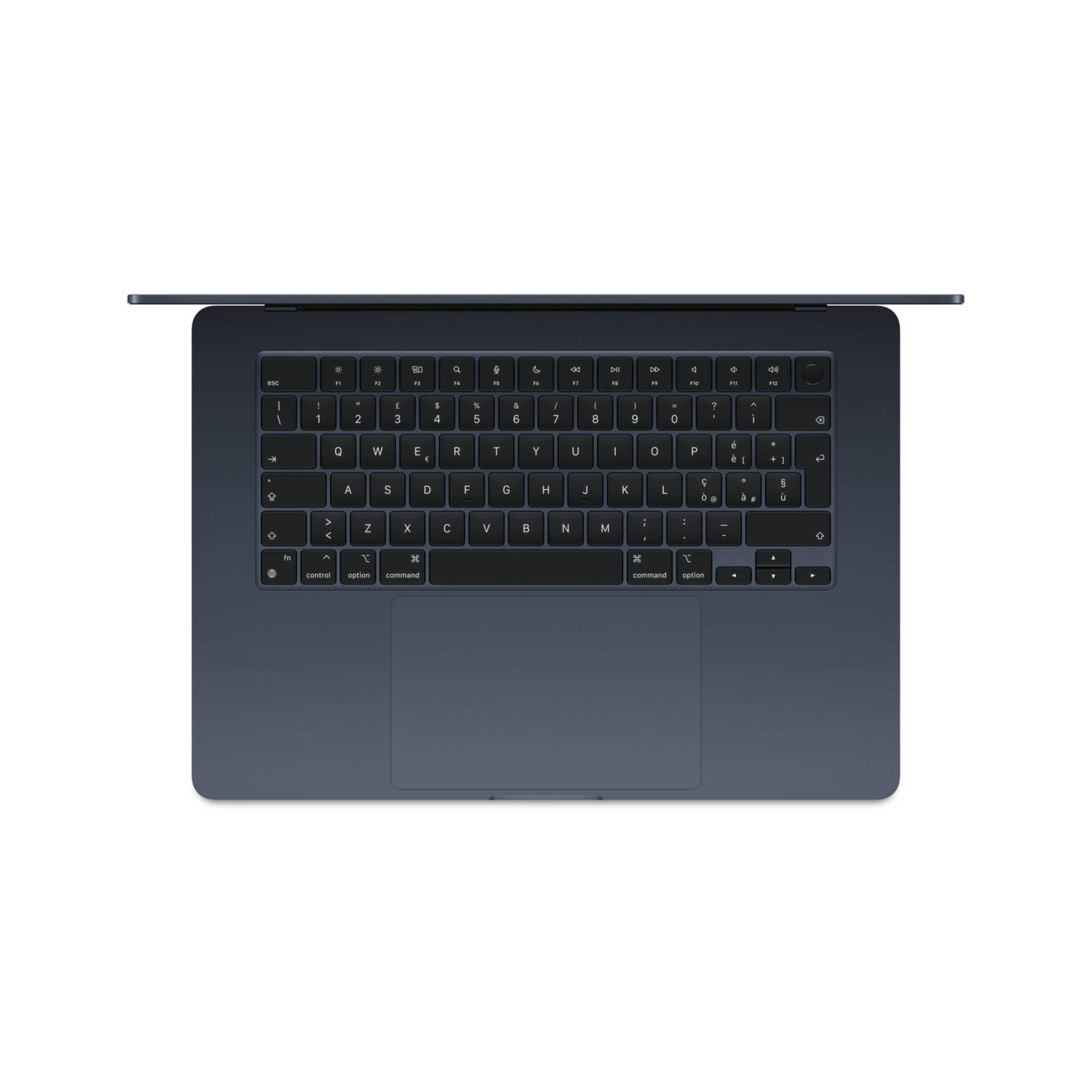 Laptop blu scuro visto dall'alto, tastiera e trackpad visibili.