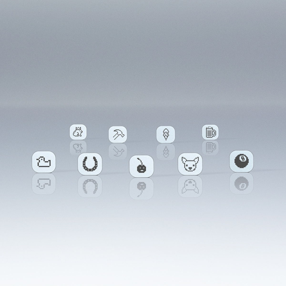 Einige weiße Quadrate mit Pixel-Icons: Katze, Hammer, Eis, Bier, Ente, Hufeisen, Kirsche, Hund, Billardkugel.