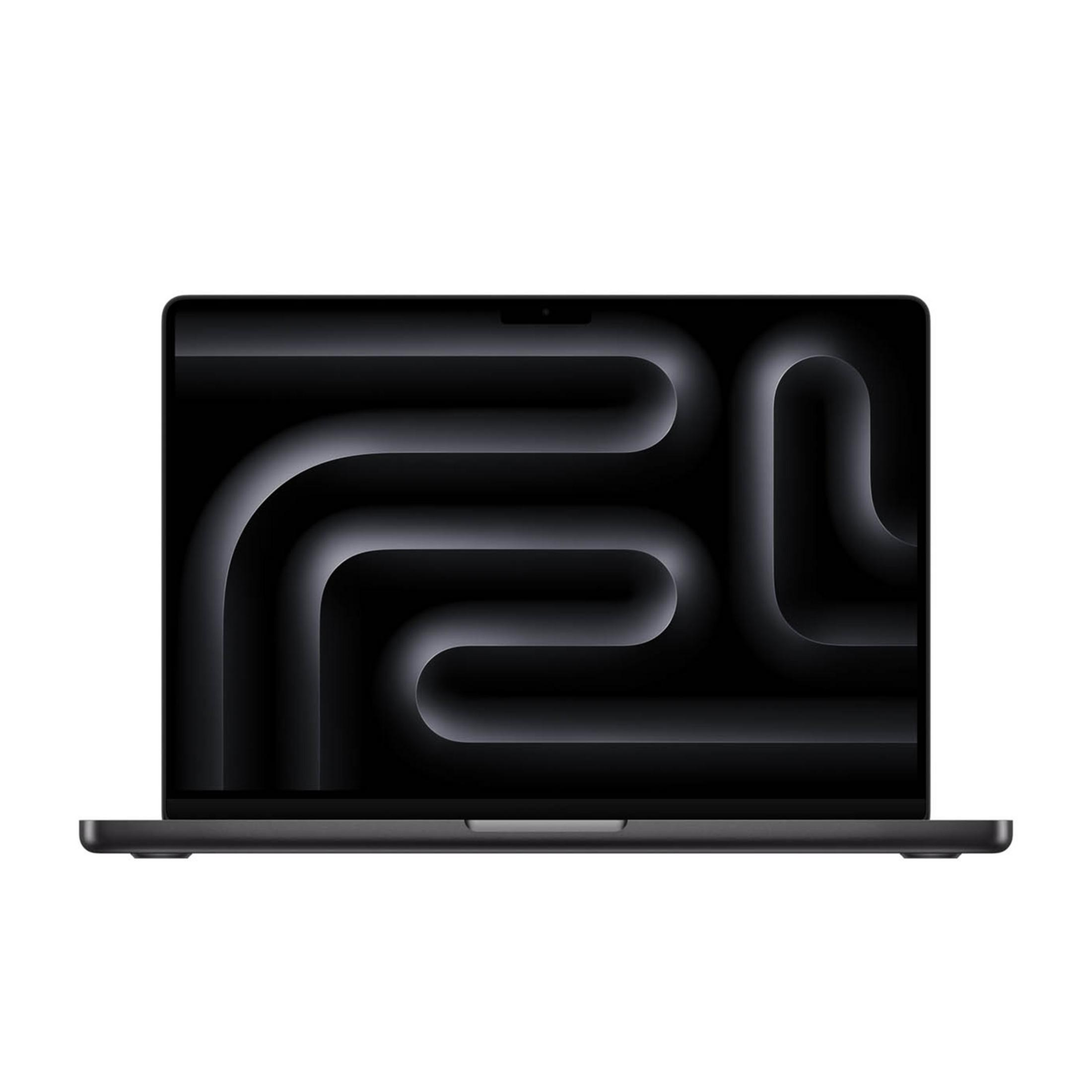Un laptop scuro con un motivo astratto e curvo sullo schermo.