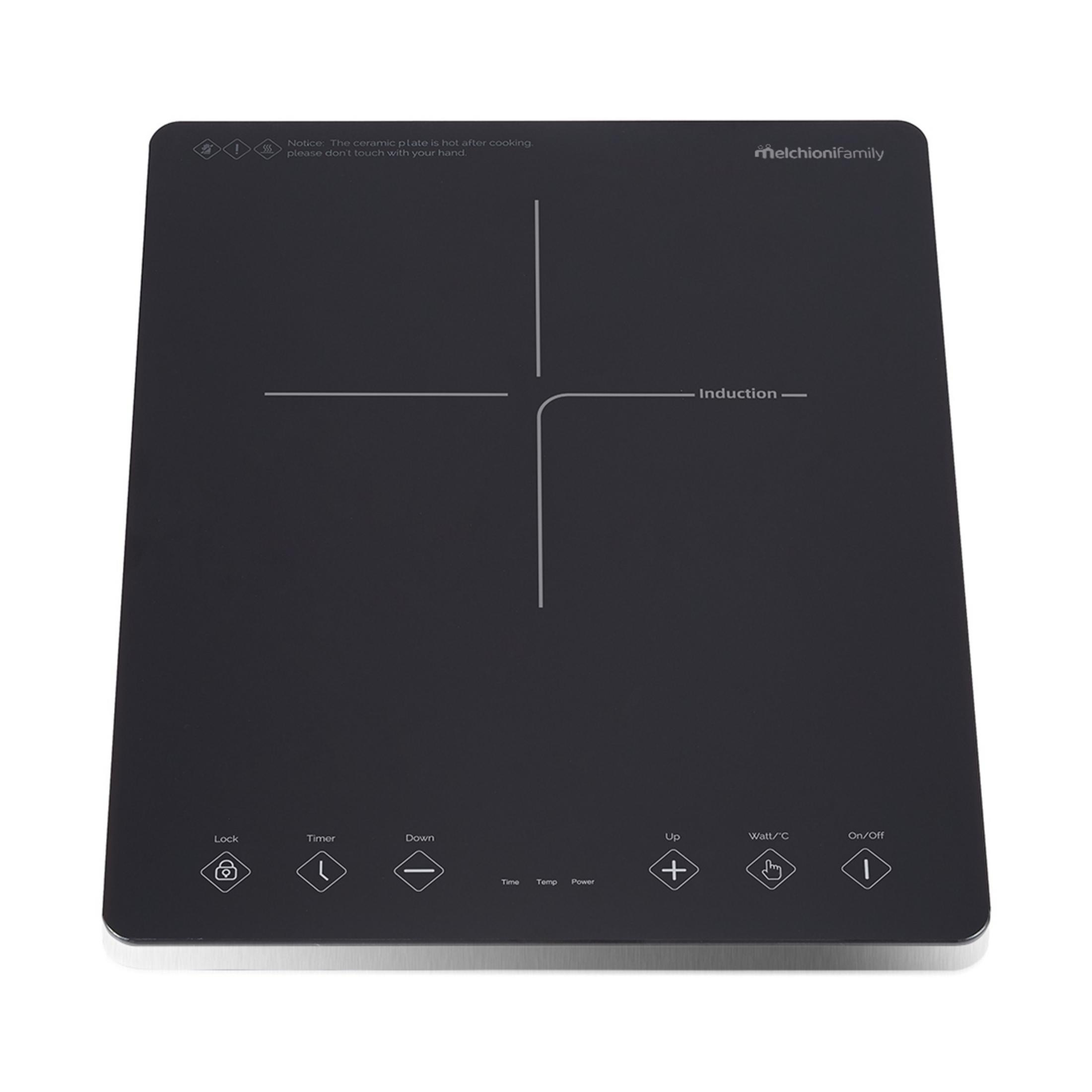 Czarna płyta indukcyjna z panelem dotykowym i ostrzeżeniem.