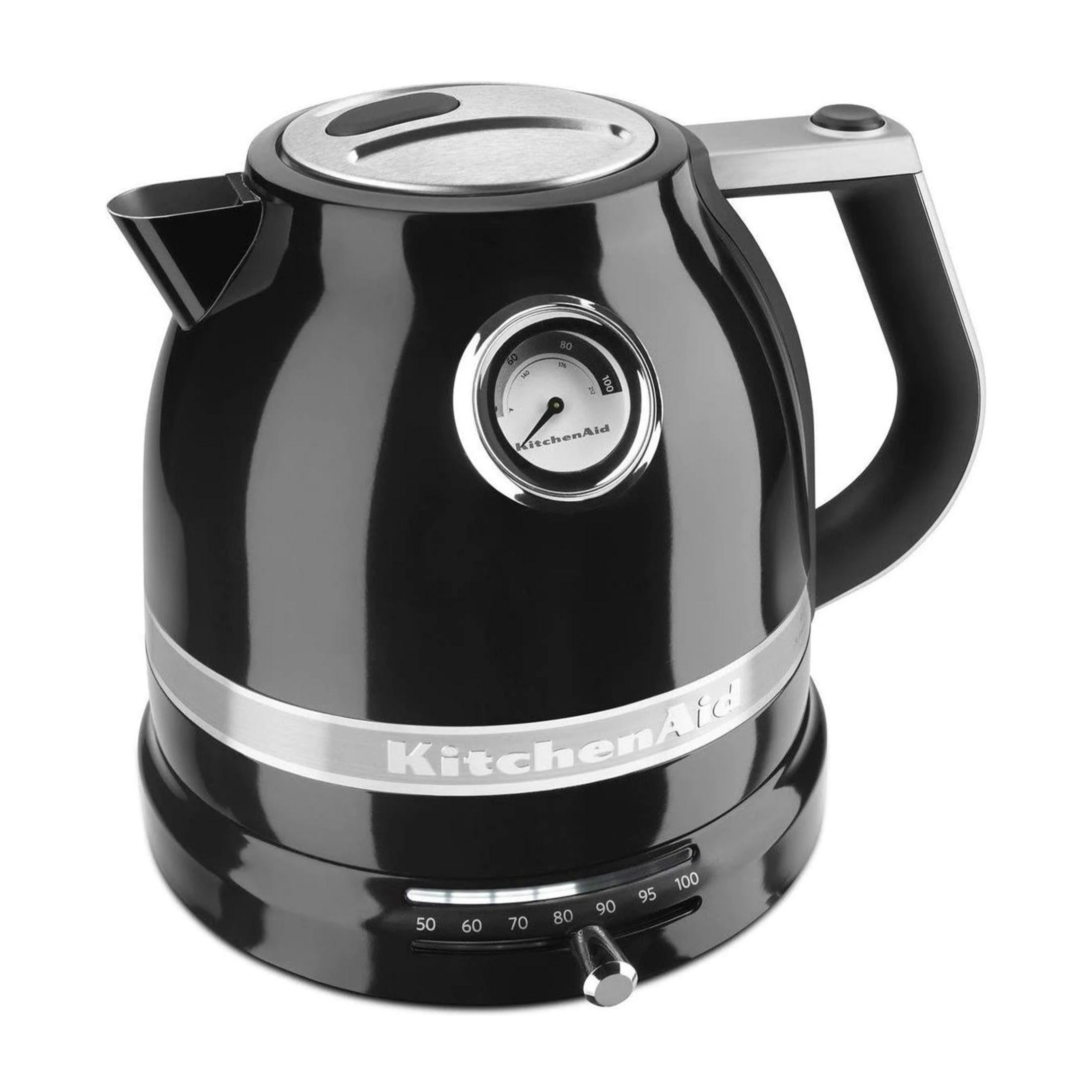 Czajnik elektryczny czarny z termometrem i srebrnymi detalami.