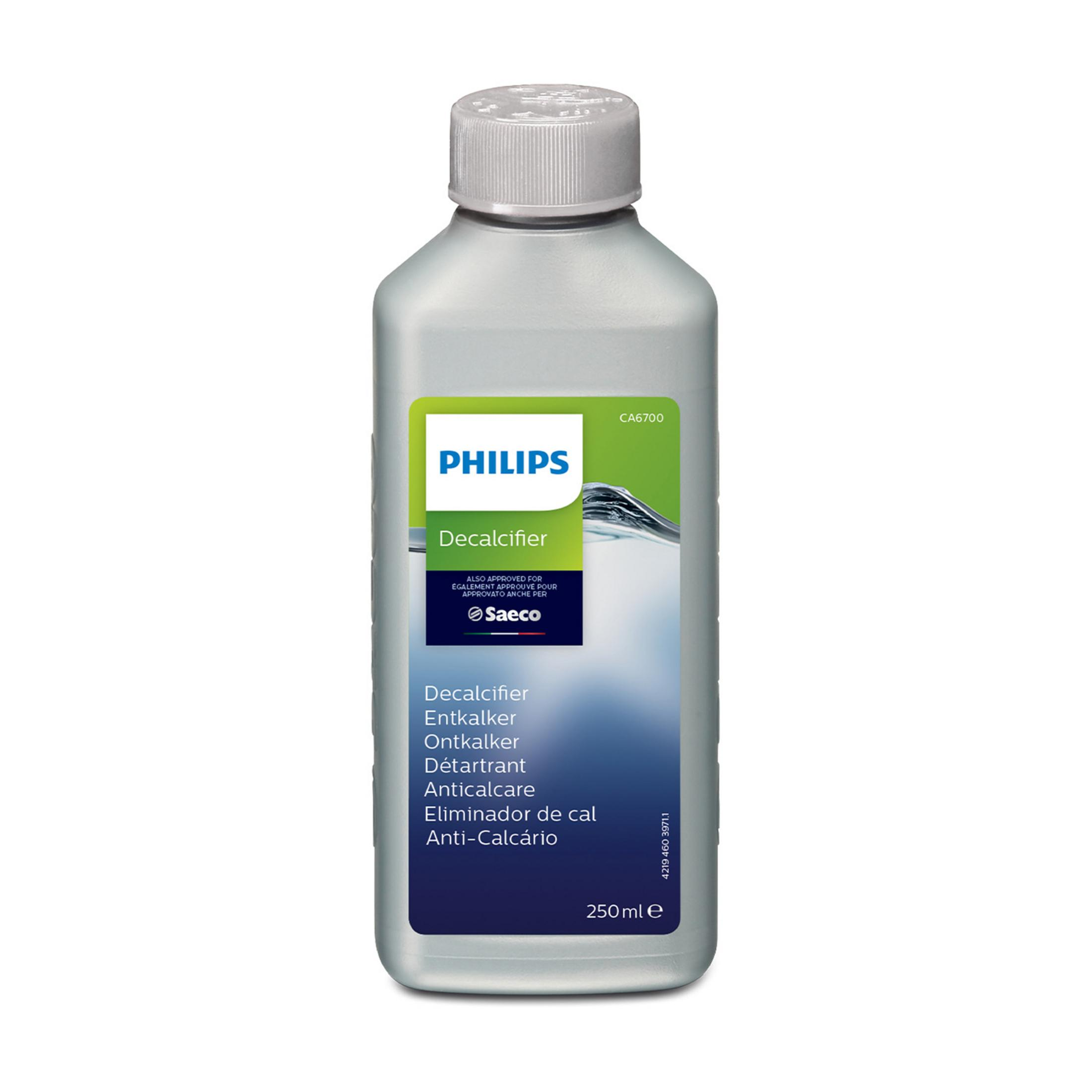 Eine Flasche Philips Entkalker-Flüssigkeit mit 250 ml auf weißem Hintergrund.