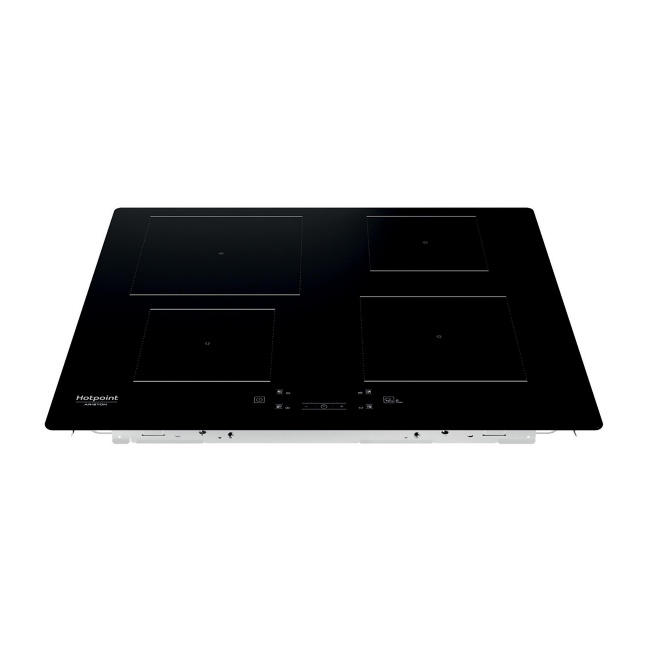 Czarna płyta indukcyjna z czterema strefami gotowania i panelem dotykowym.