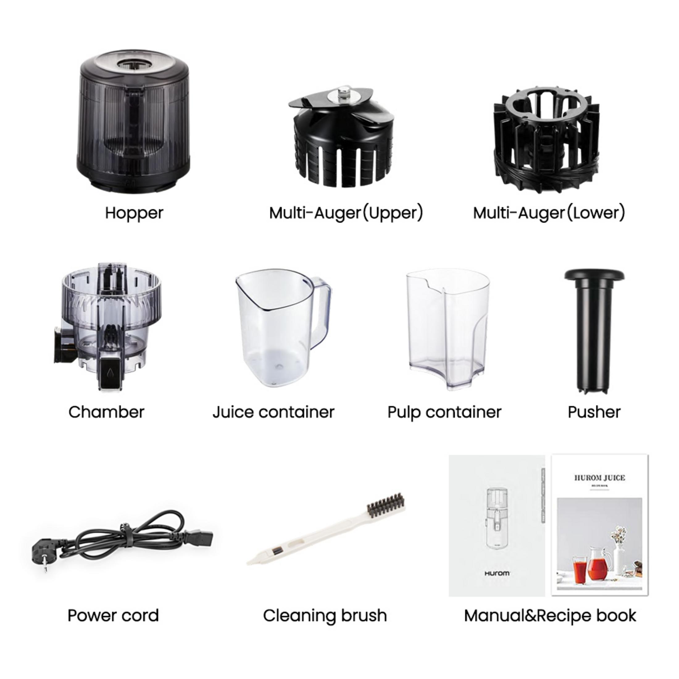 Tramoggia, coclea superiore e inferiore, camera, contenitori succo e polpa, spingitore, cavo, spazzola, manuale.