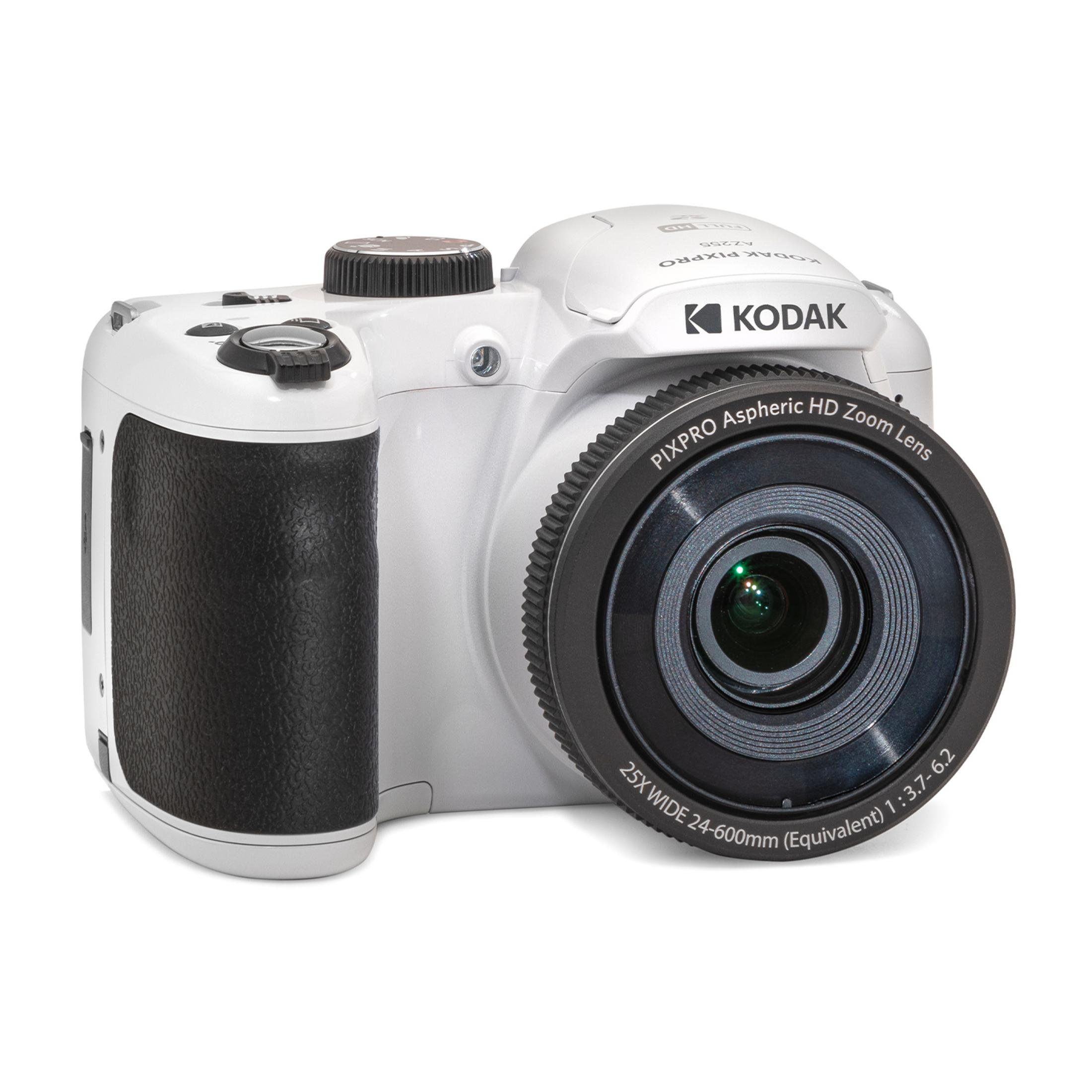 Biały aparat cyfrowy Kodak Pixpro z czarnym uchwytem i obiektywem zmiennoogniskowym.