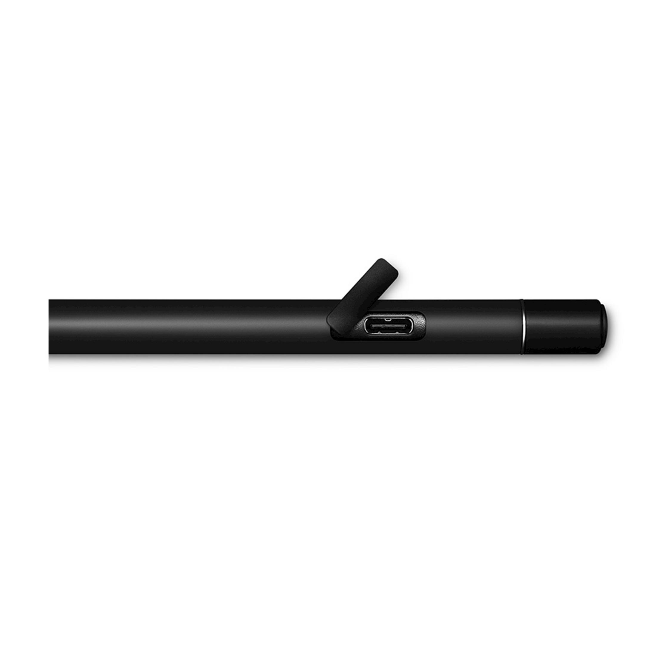 Schwarzer Stift mit offenem USB-C-Anschluss und Klappbügel.