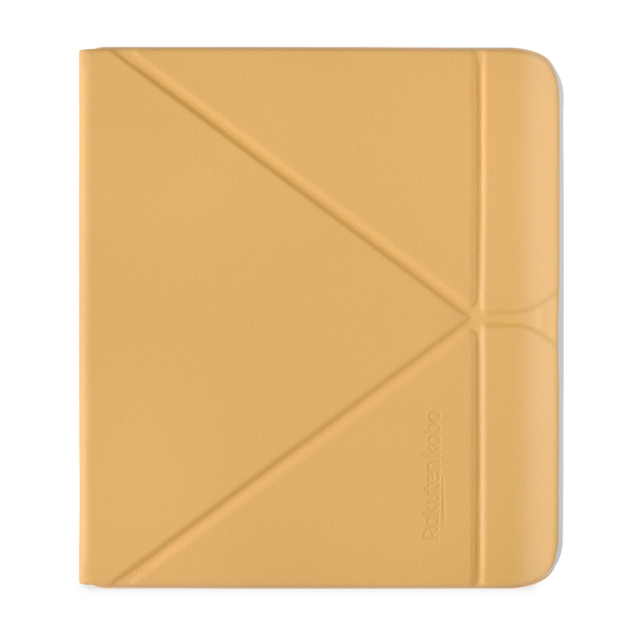 Ein gelbes Kindle-Cover mit geometrischen Falten und dem Rakuten Kobo-Logo.