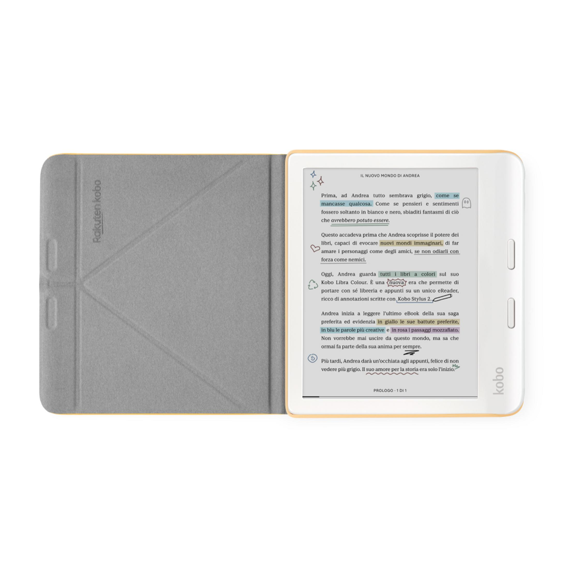 Ein E-Reader mit einem grauen Schutzumschlag, der einen Text anzeigt.