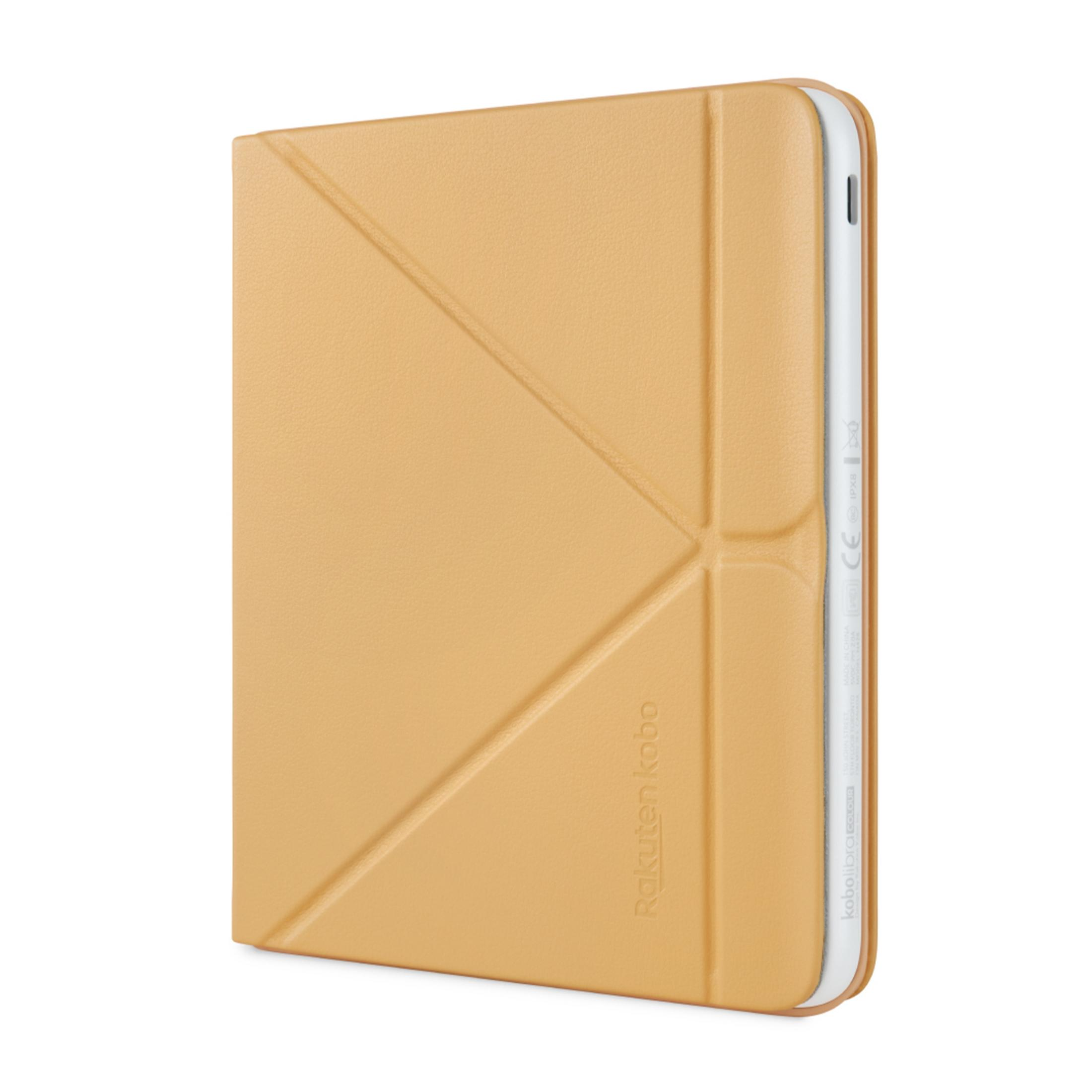 Ein goldbraunes E-Book mit Origami-Faltmuster und "Rakuten Kobo"-Logo.