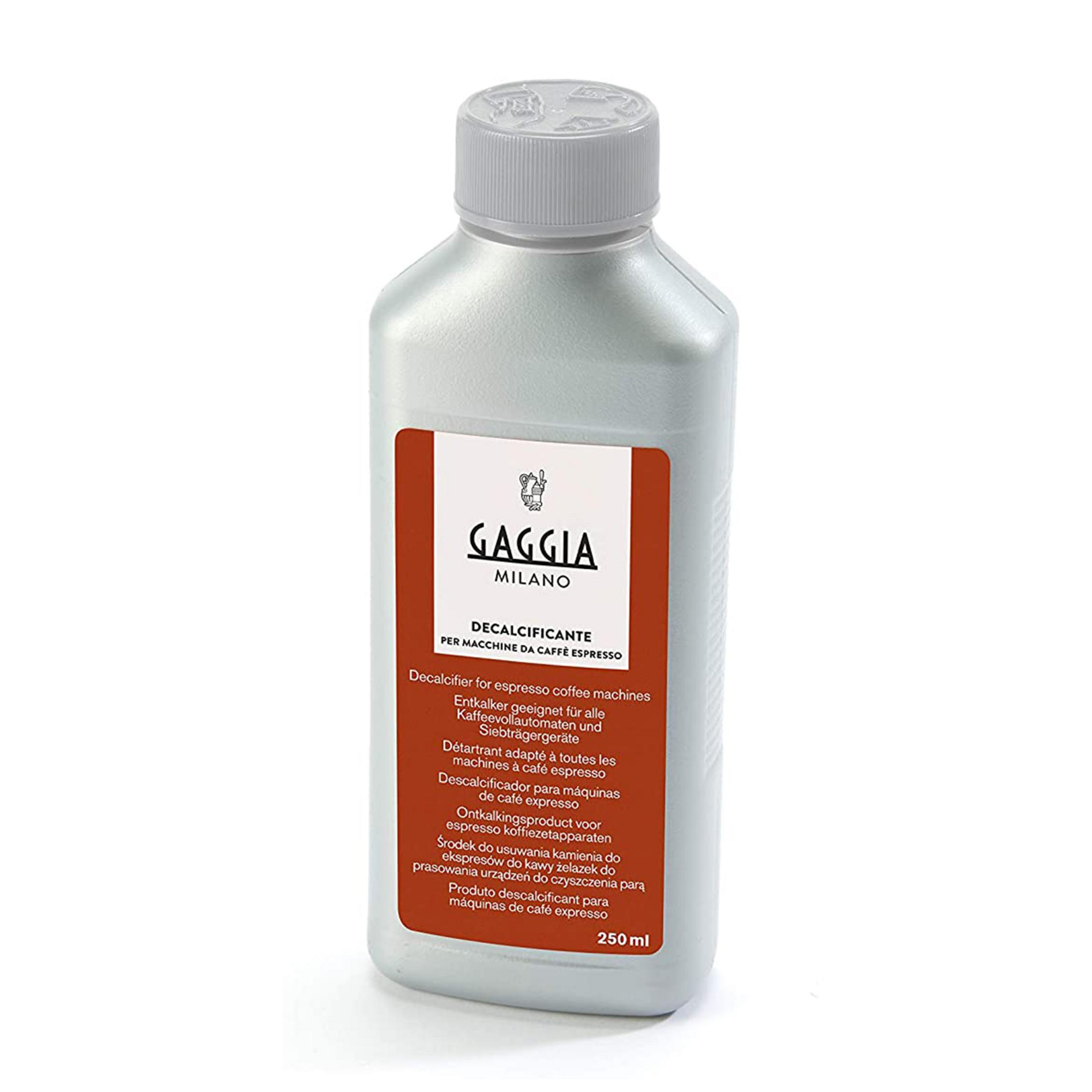 Silberne Flasche mit Gaggia Entkalker, 250 ml.