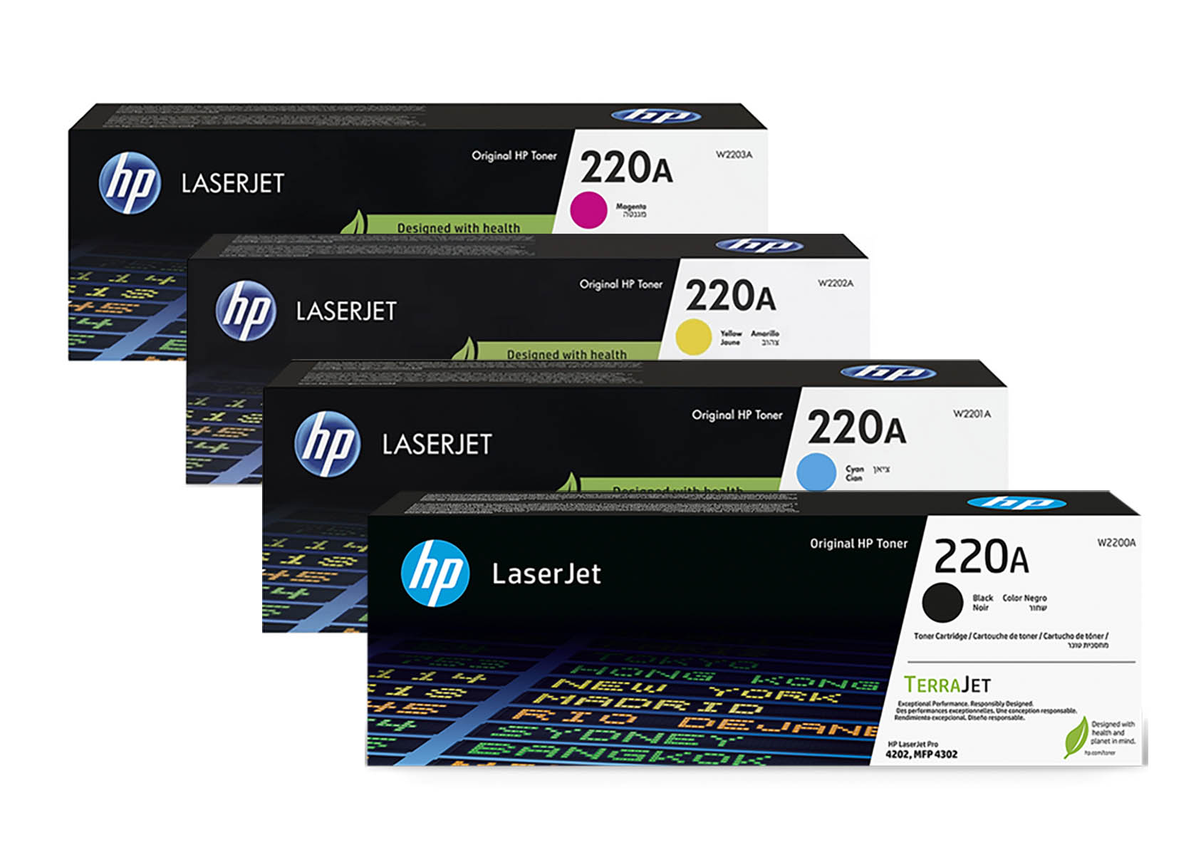 Vier HP LaserJet 220A Tonerkartuschen: Magenta, Gelb, Cyan und Schwarz.