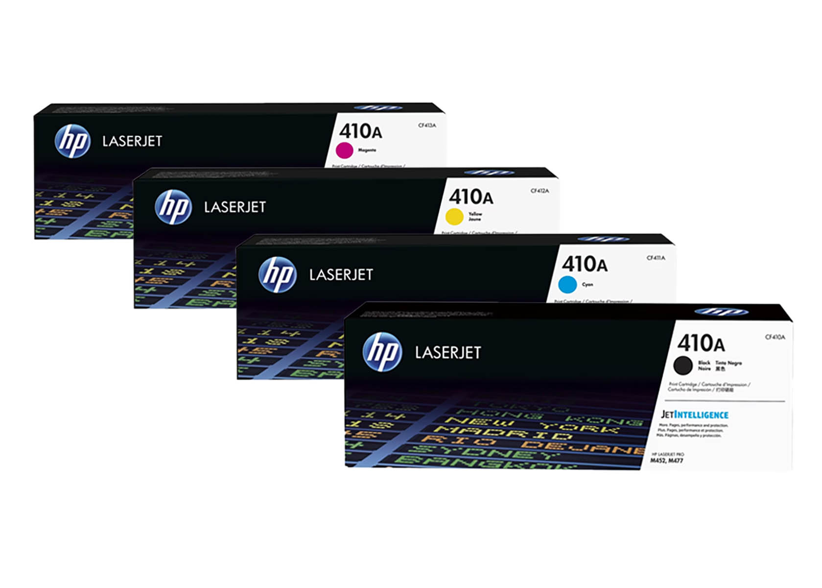 Vier HP LaserJet 410A Tonerkartuschen: Magenta, Gelb, Cyan und Schwarz.