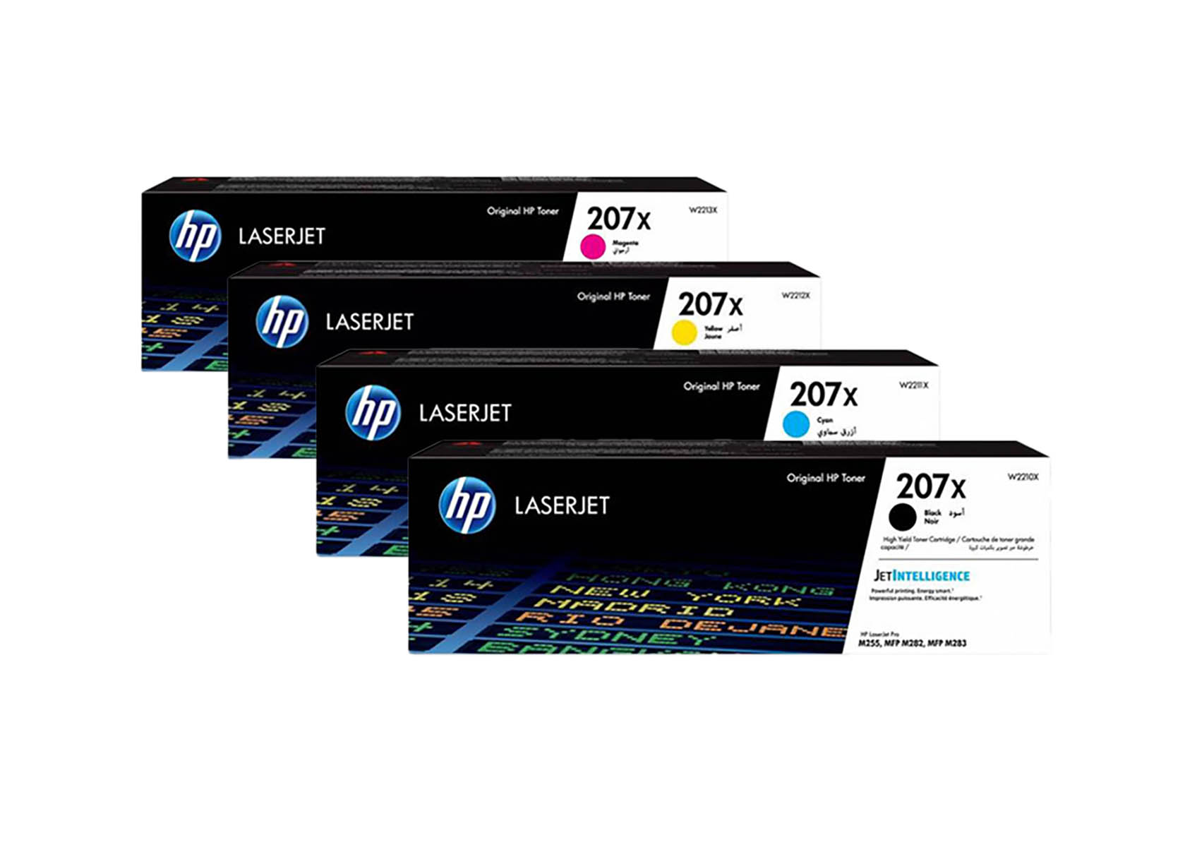 Vier HP LaserJet 207X Tonerkartuschen: Magenta, Gelb, Cyan und Schwarz.