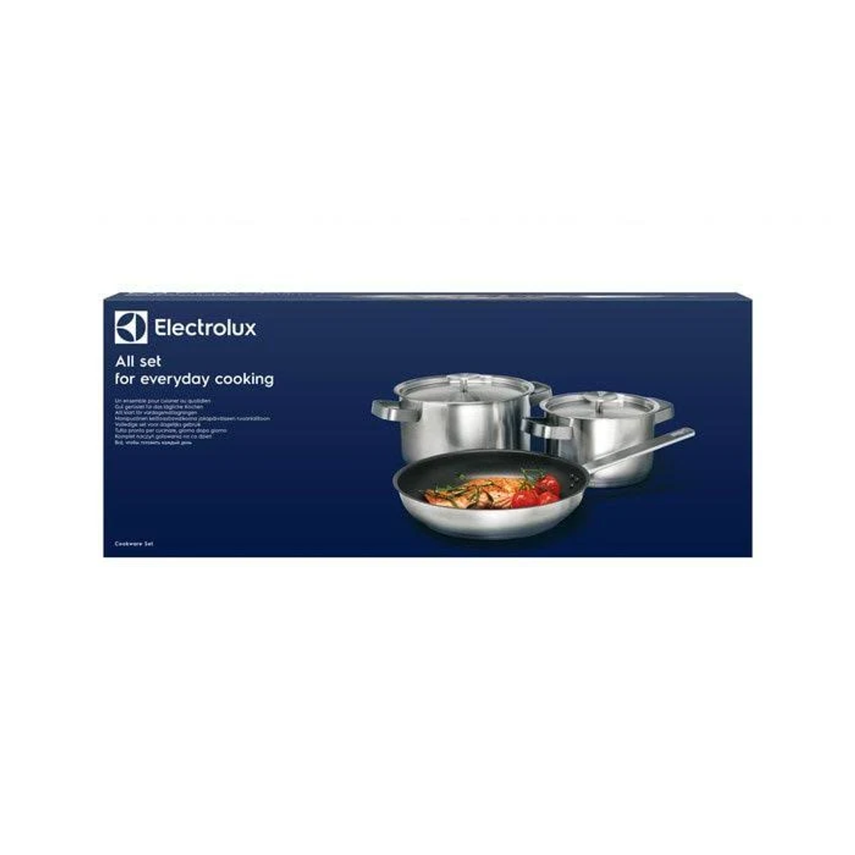 Set de utensilios Electrolux con tres ollas y una sartén con comida.