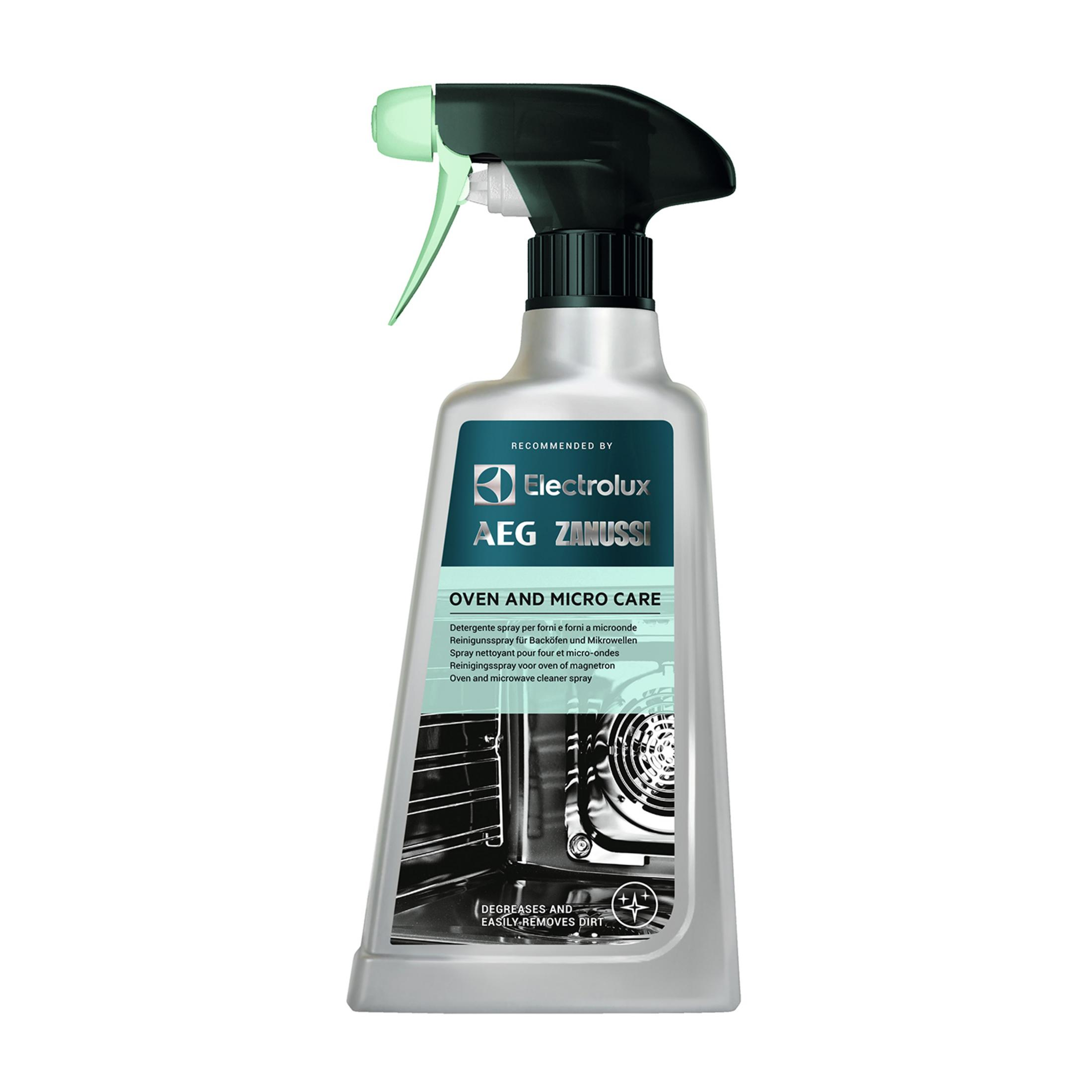 Una bottiglia spray di detergente per forno con loghi AEG e Zanussi.