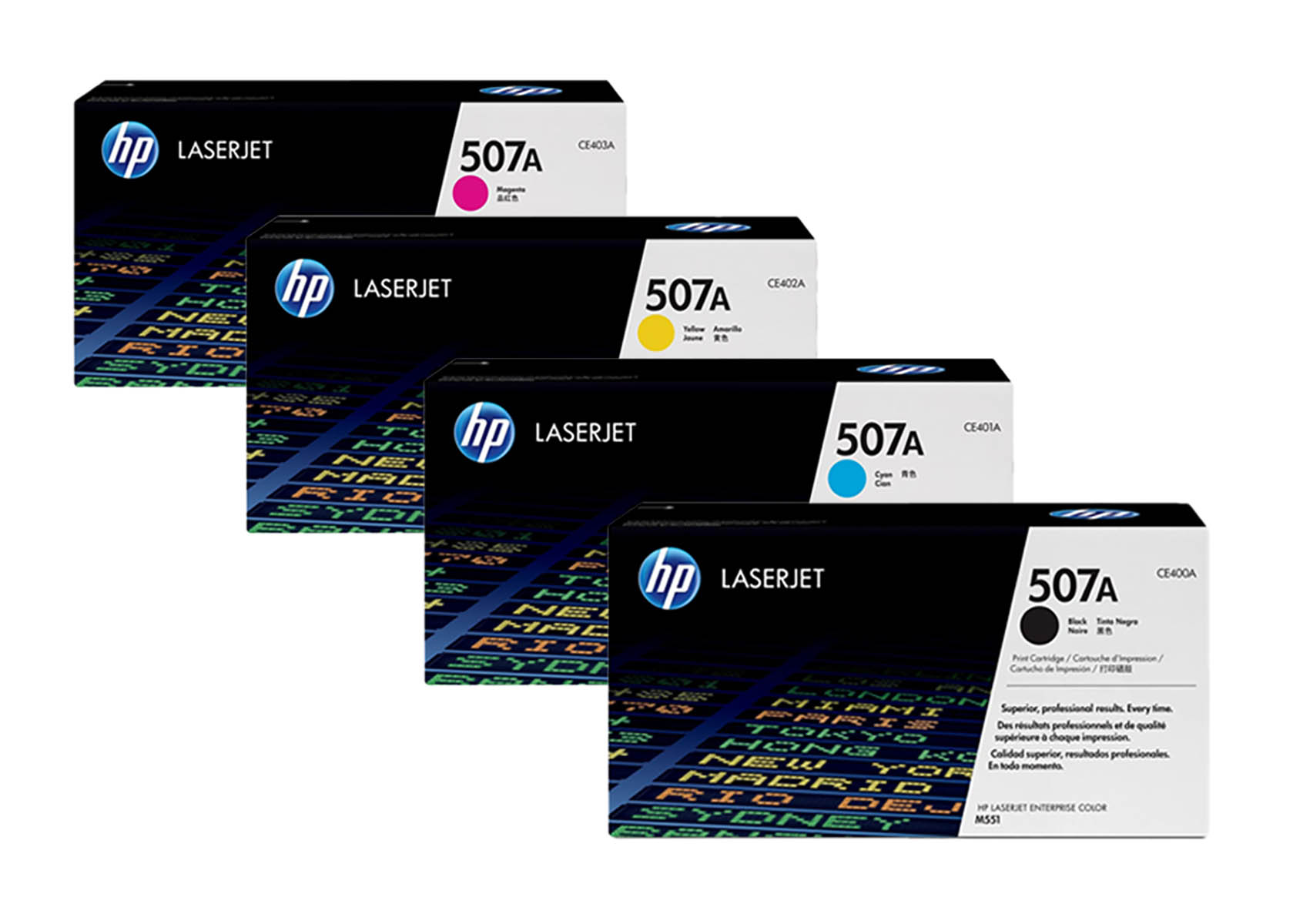 Vier HP LaserJet 507A Tonerkartuschen: Magenta, Gelb, Cyan und Schwarz.