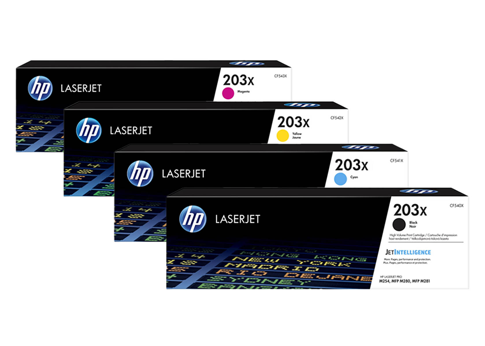 Vier HP LaserJet 203x Toner: Schwarz, Cyan, Gelb, Magenta.