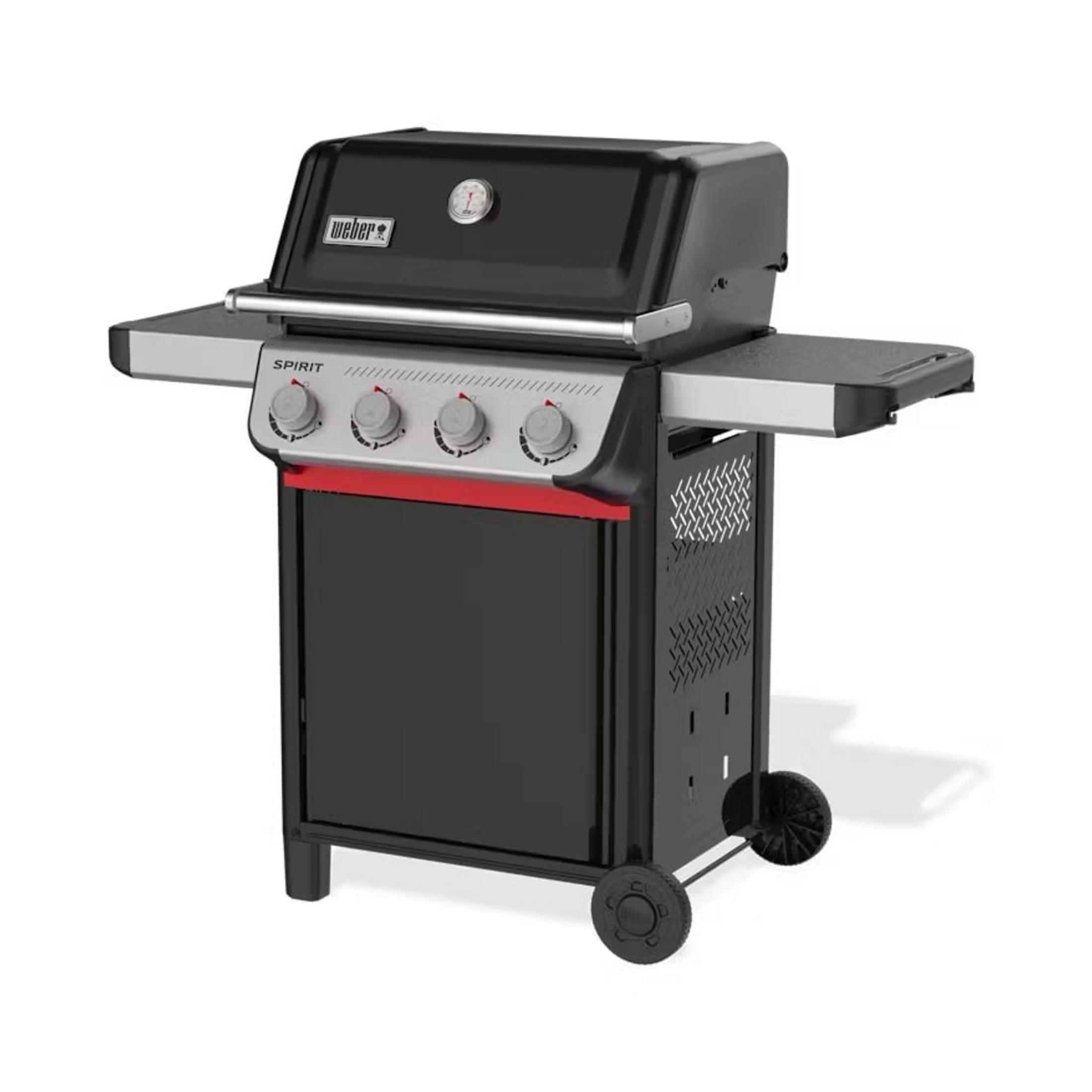 Una griglia a gas Weber nera con quattro manopole argentate e una striscia rossa.
