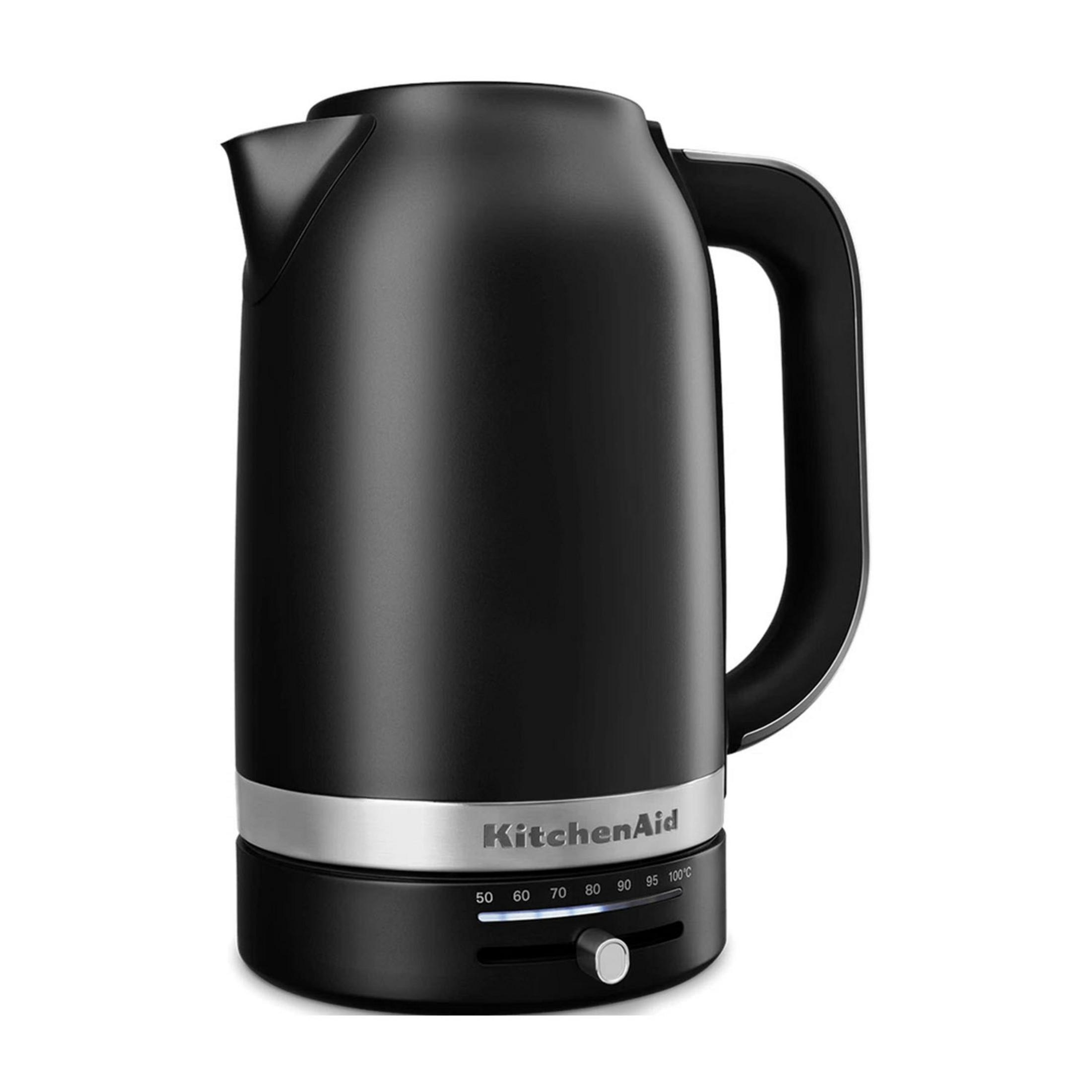 Schwarzer KitchenAid Wasserkocher mit Temperaturregler und silbernem Ring.