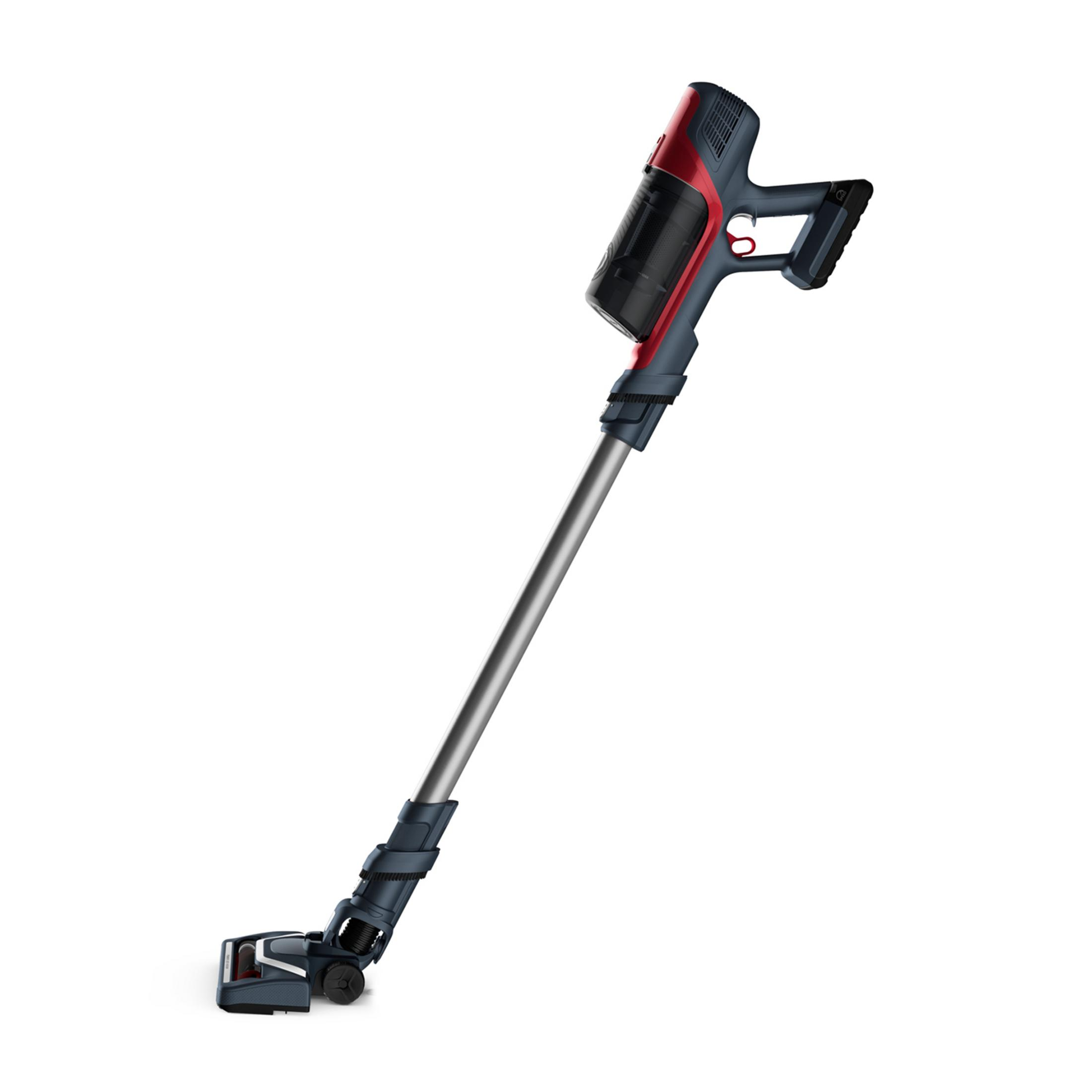 Un aspirapolvere cordless rosso e blu con tubo argentato, su sfondo bianco.