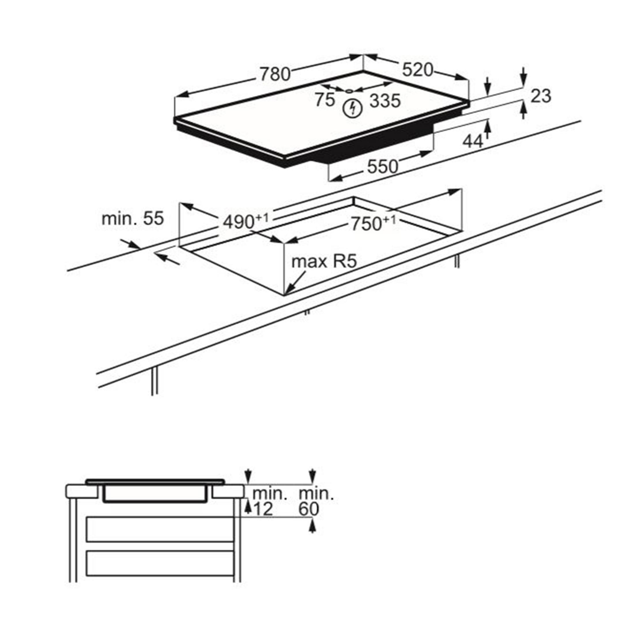 Disegno tecnico di un piano cottura con dimensioni in mm.