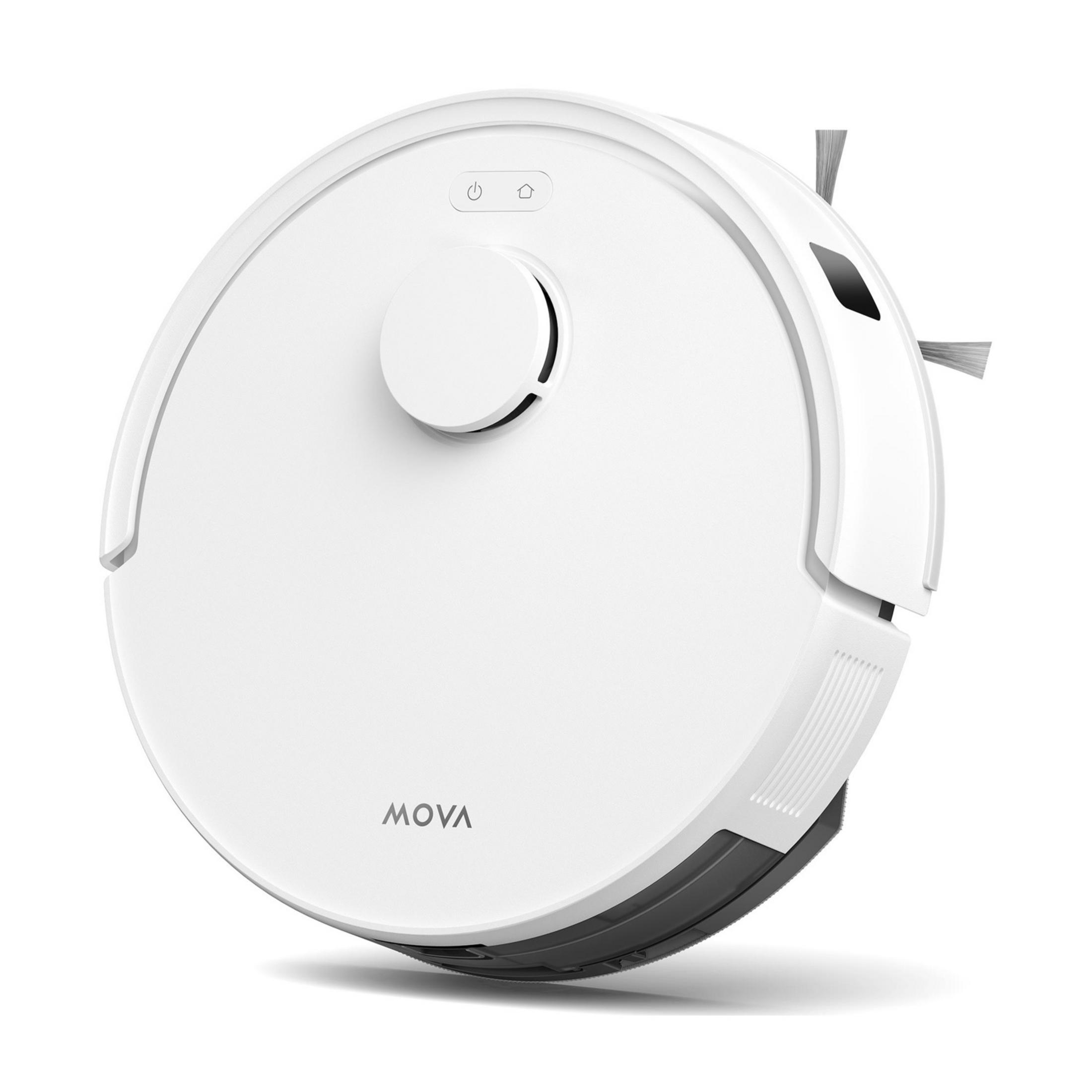 Biały robot sprzątający z szczotkami i logo "MOVA" na białym tle.