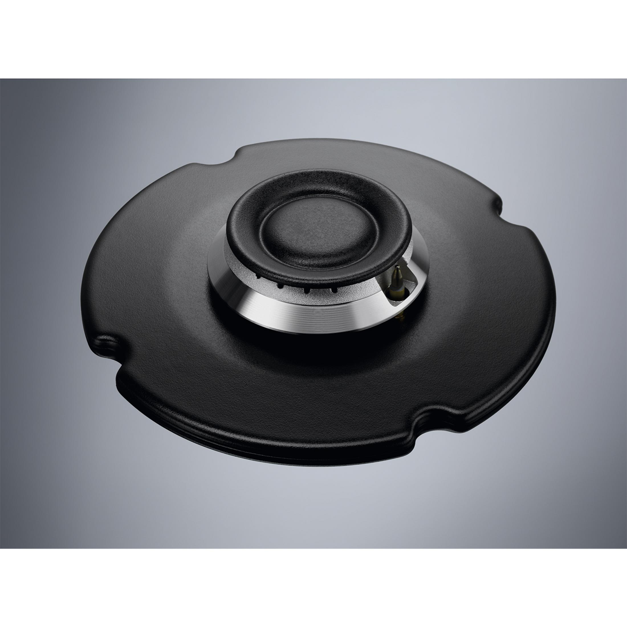 Czarna płyta gazowa z srebrnymi akcentami na szarym tle.